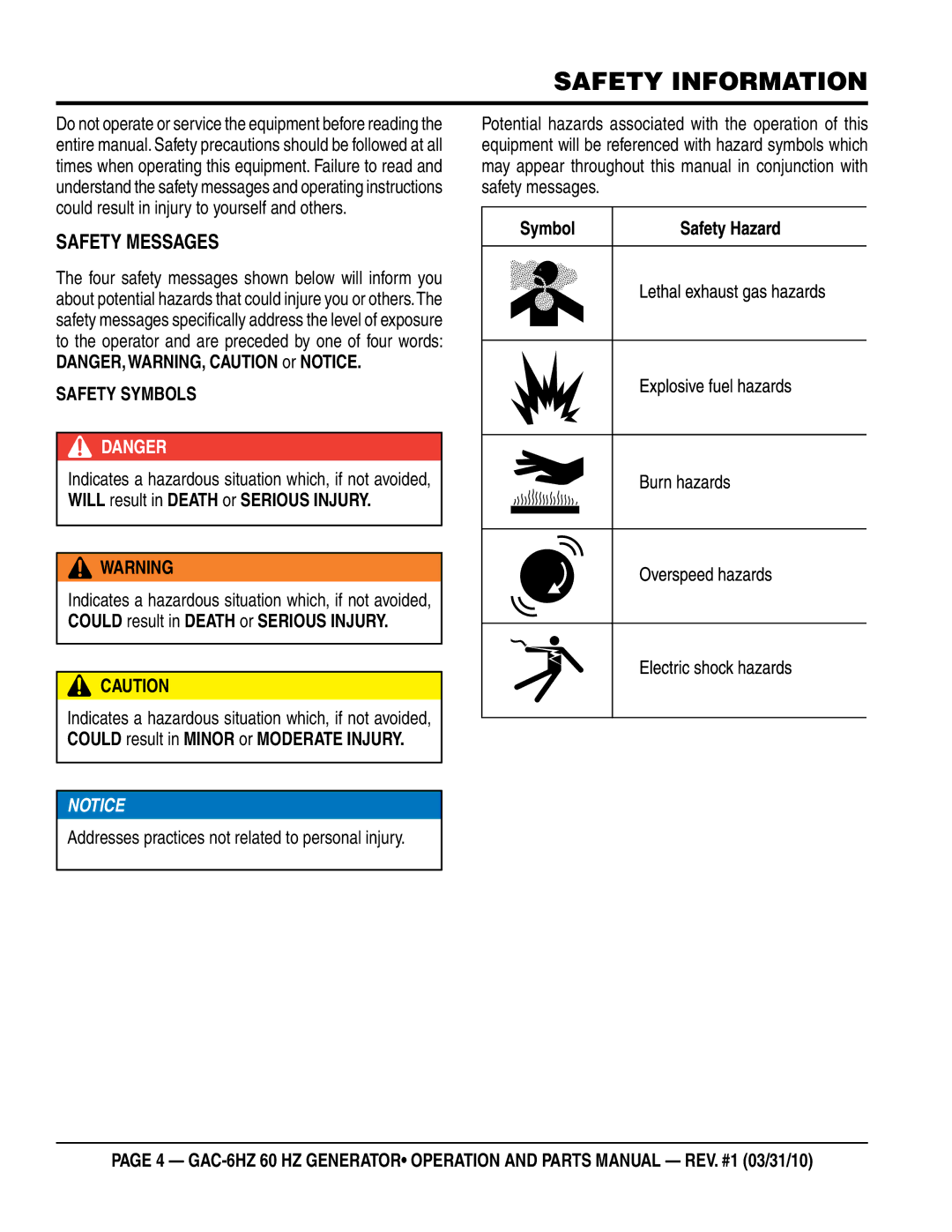 Multiquip GAC6HZ manual Safety Information, SaFeTY messages 