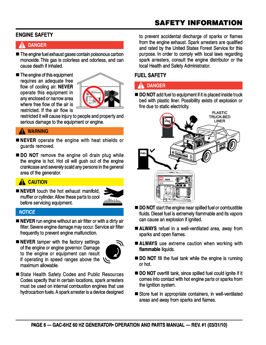 Multiquip GAC6HZ manual eNgiNe saFeTY, Fuel saFeTY, Safety Information, daNgeR 