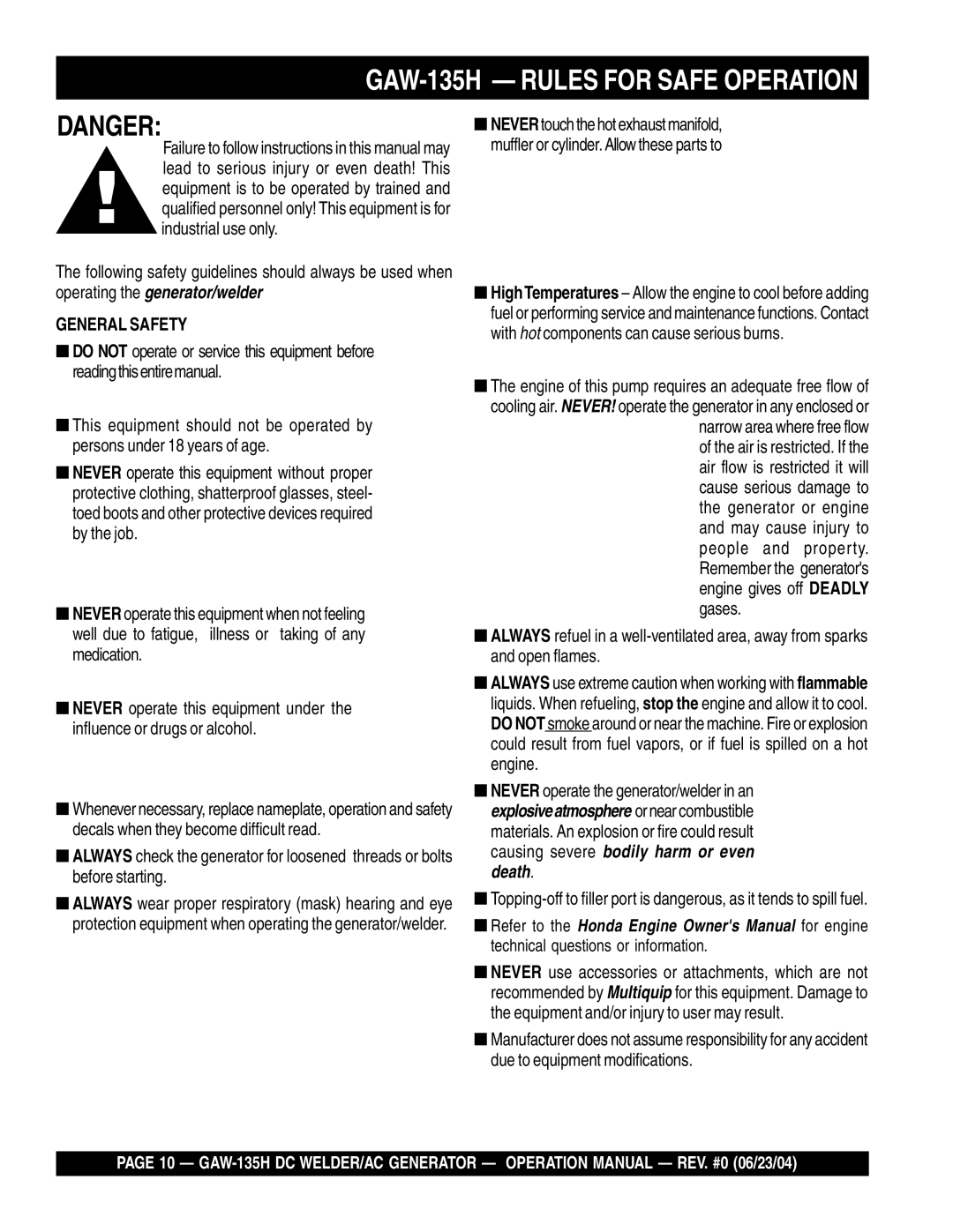 Multiquip manual GAW-135H Rules for Safe Operation 