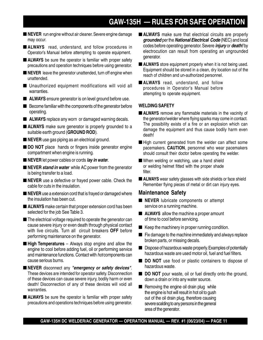 Multiquip manual GAW-135H Rules for Safe Operation, Welding Safety 