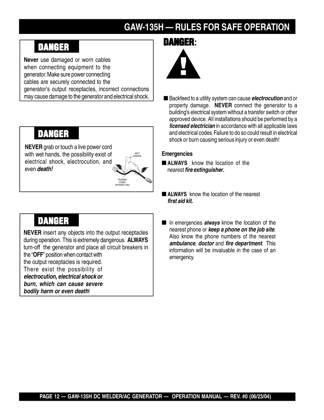 Multiquip GAW-135H manual Emergencies 