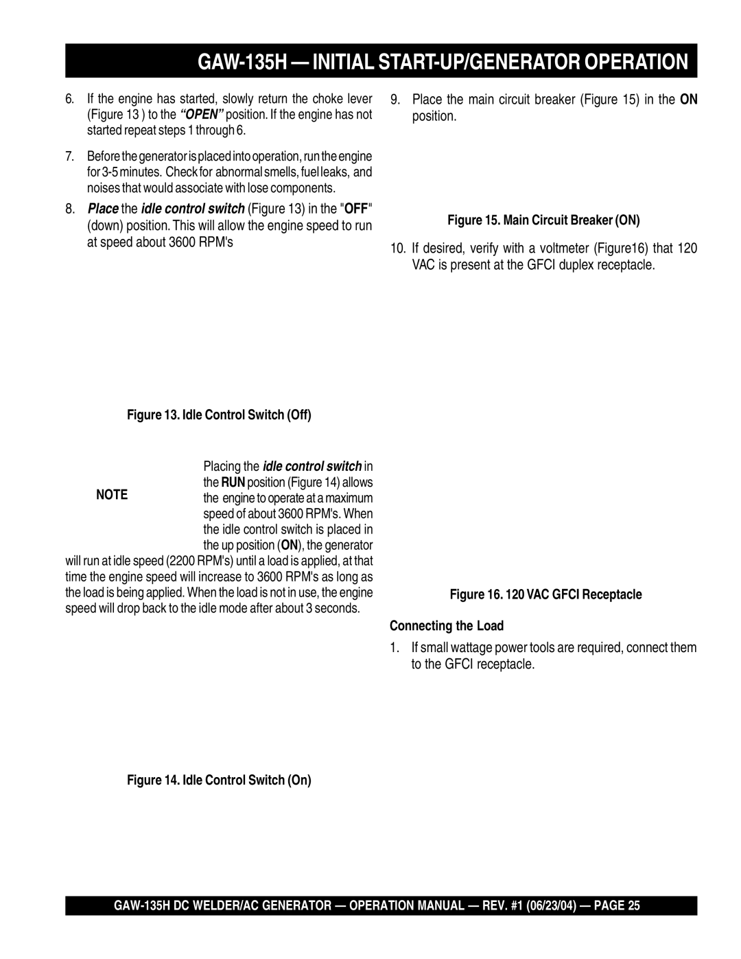 Multiquip manual GAW-135H Initial START-UP/GENERATOR Operation 