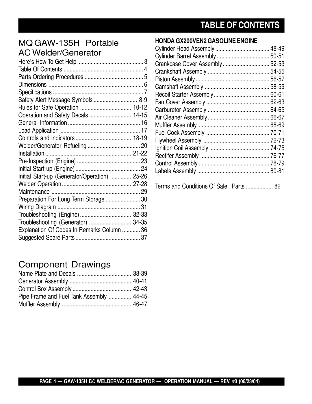 Multiquip GAW-135H manual Table of Contents 