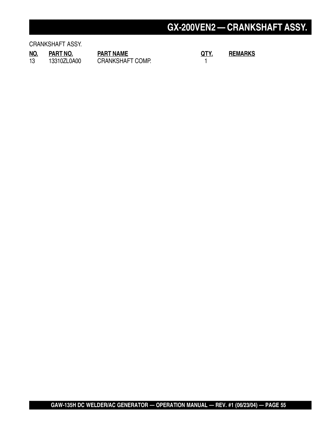 Multiquip GAW-135H manual GX-200VEN2 Crankshaft Assy 