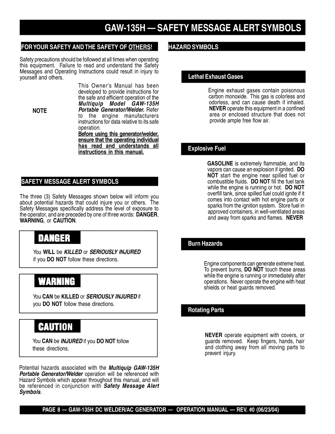 Multiquip manual GAW-135H Safety Message Alert Symbols, Foryour Safety and the Safety of Others 