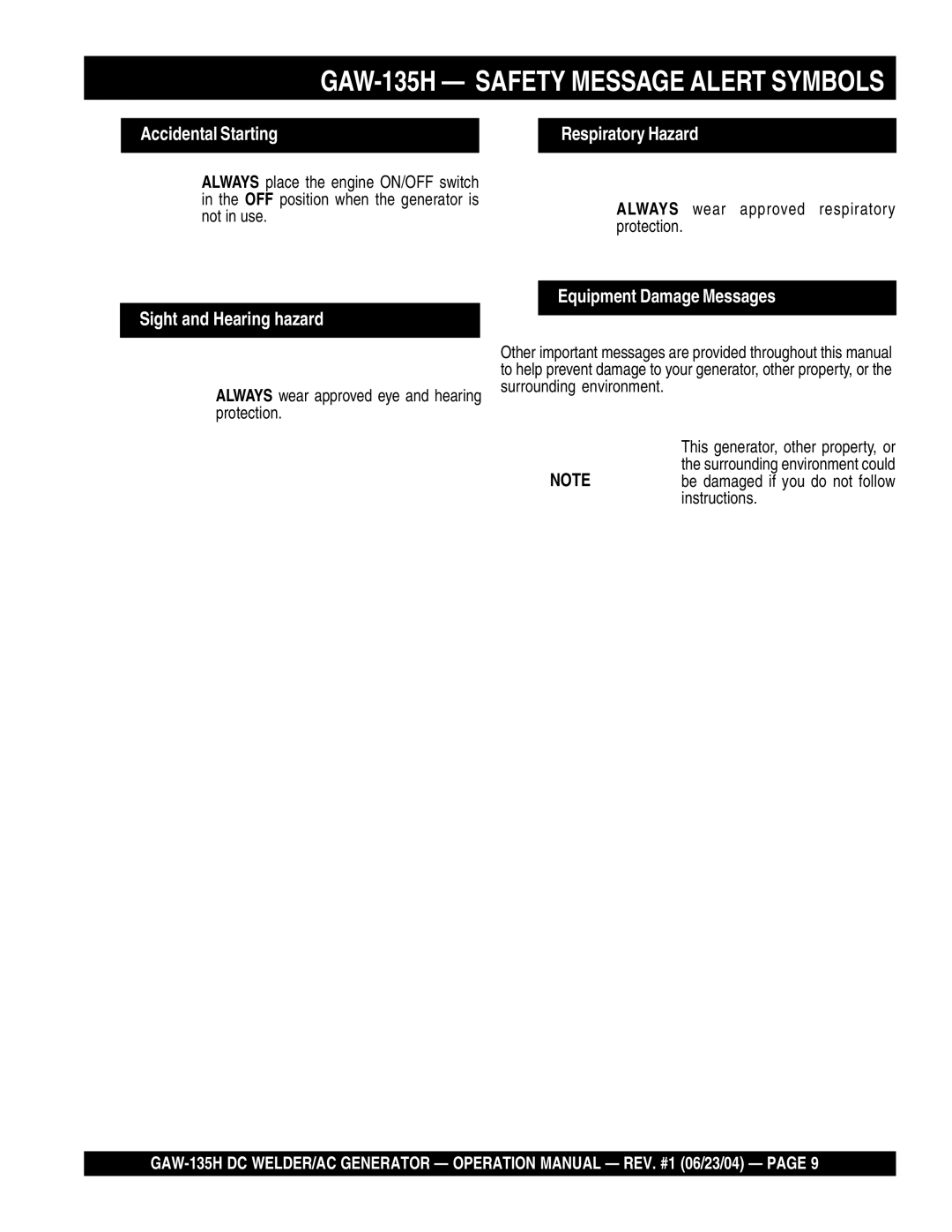 Multiquip manual GAW-135H Safety Message Alert Symbols 