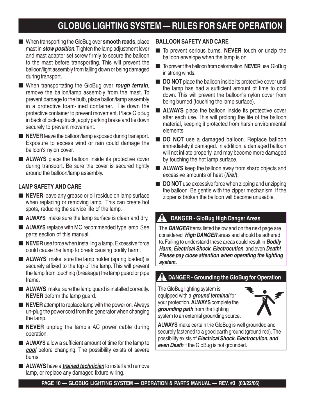 Multiquip GB114BC manual Lamp Safety and Care 