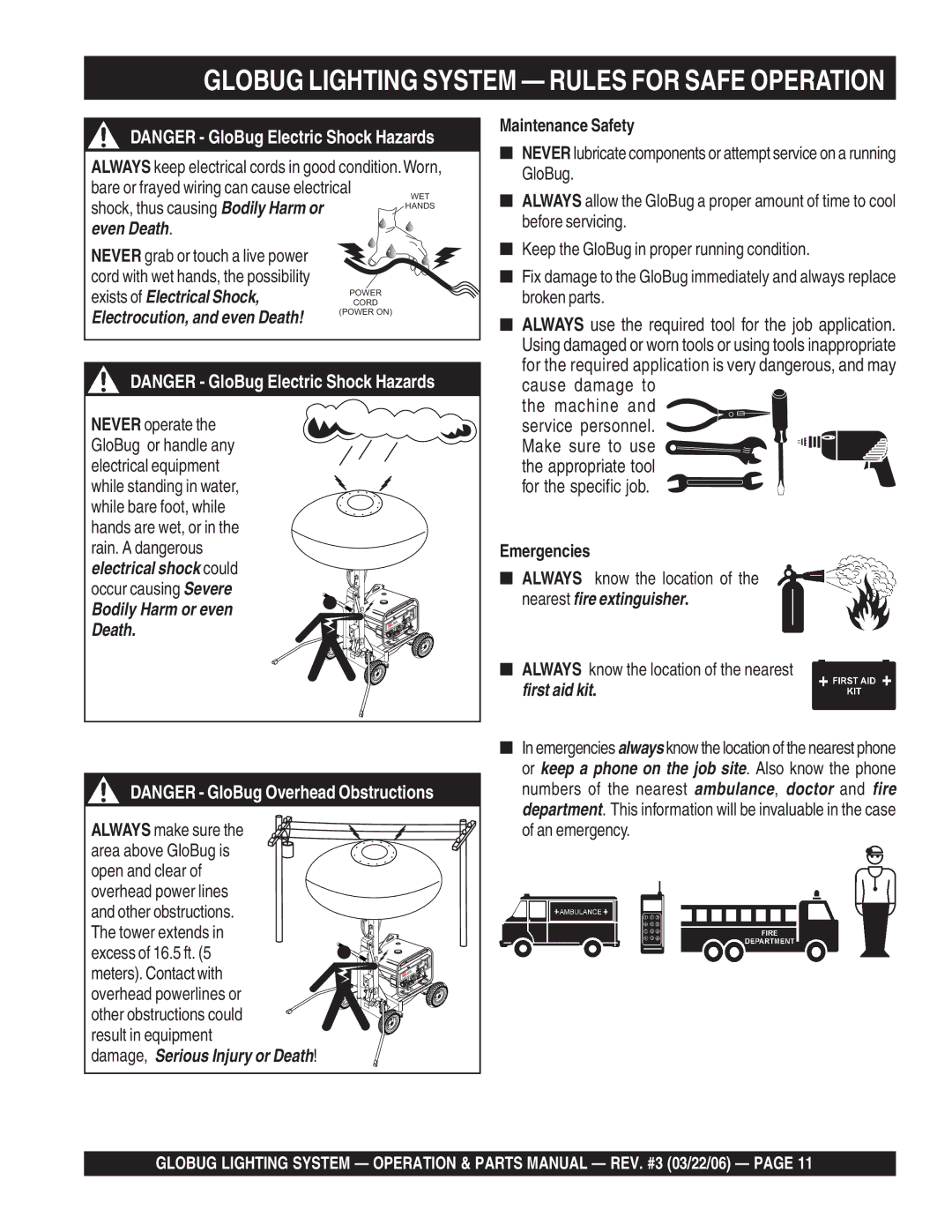 Multiquip GB114BC manual Maintenance Safety, Emergencies 