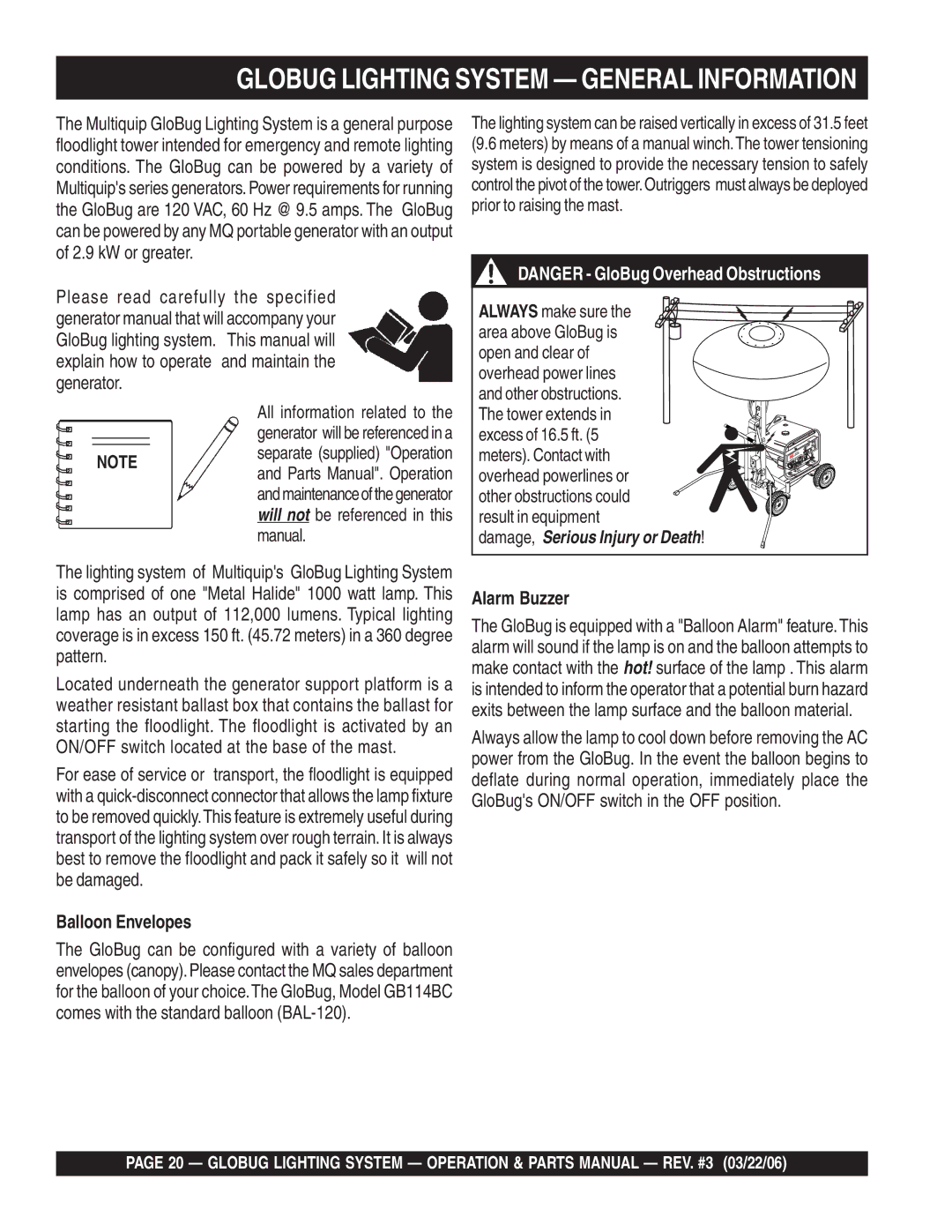 Multiquip GB114BC manual Globug Lighting System General Information, Balloon Envelopes, Alarm Buzzer 