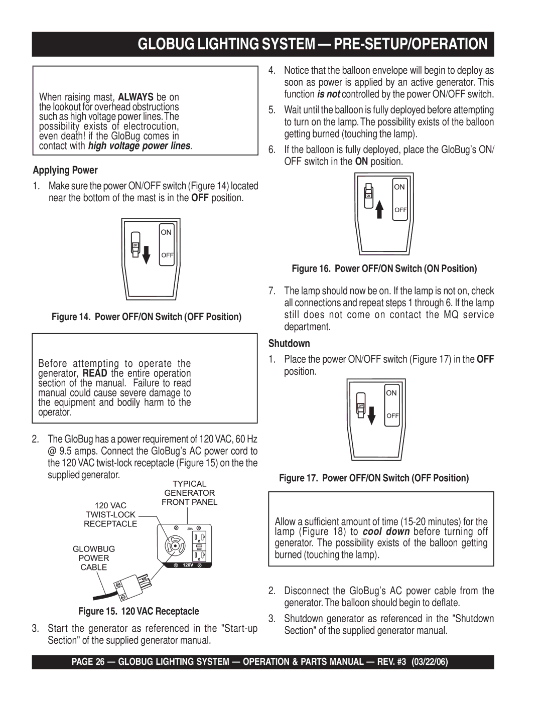 Multiquip GB114BC manual Globug Lighting System PRE-SETUP/OPERATION, Applying Power, Shutdown 