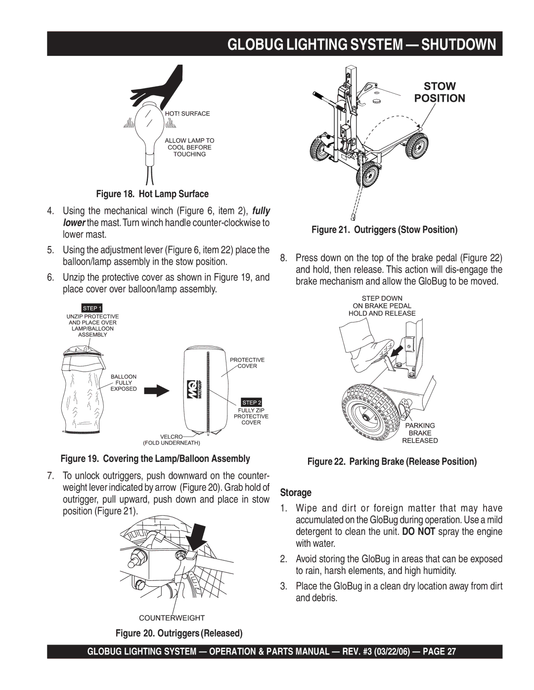 Multiquip GB114BC manual Globug Lighting System Shutdown, Storage 