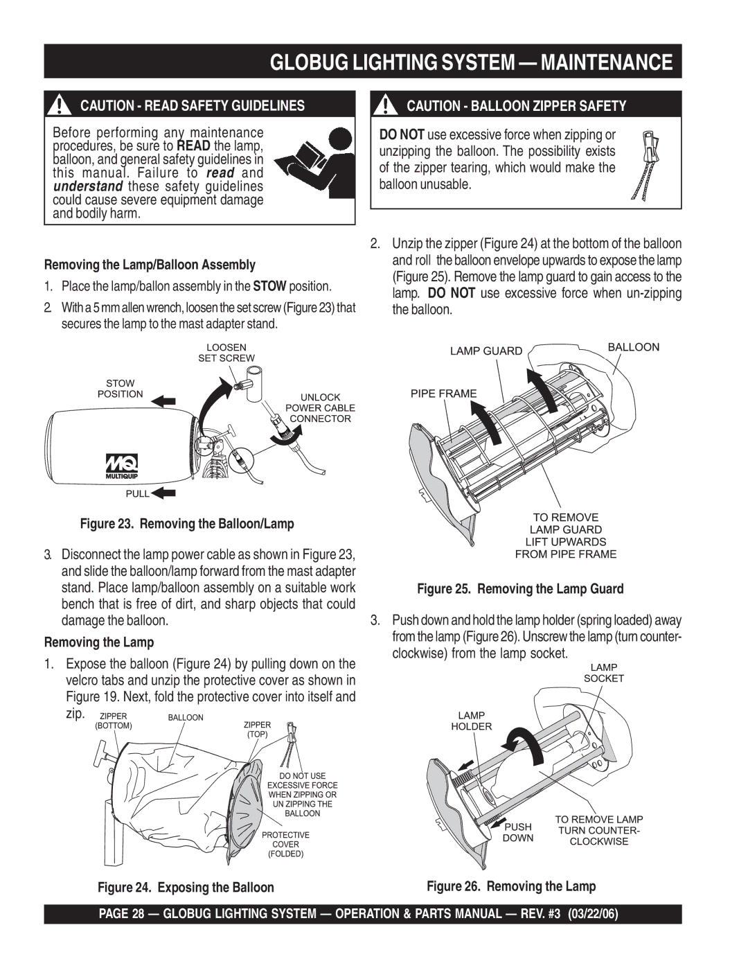 Multiquip GB114BC manual Globug Lighting System Maintenance, Removing the Lamp/Balloon Assembly 