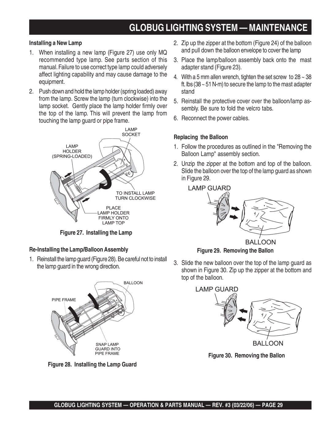 Multiquip GB114BC manual Globug Lighting System Maintenance, Installing a New Lamp, Replacing the Balloon 