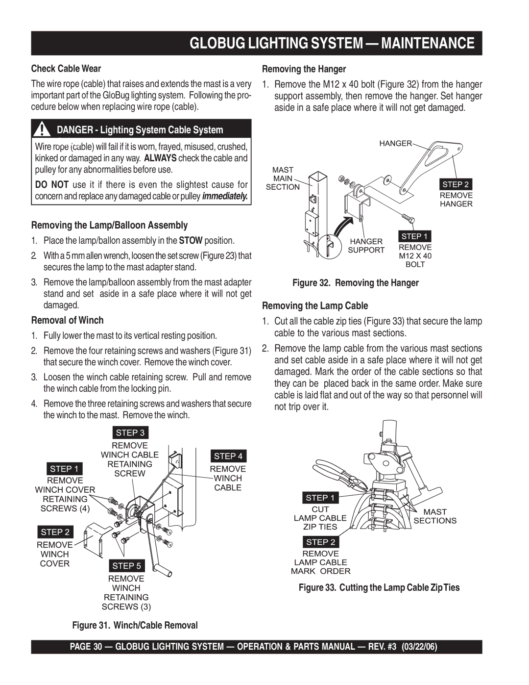 Multiquip GB114BC manual Removing the Lamp/Balloon Assembly, Removal of Winch, Removing the Lamp Cable, Check Cable Wear 