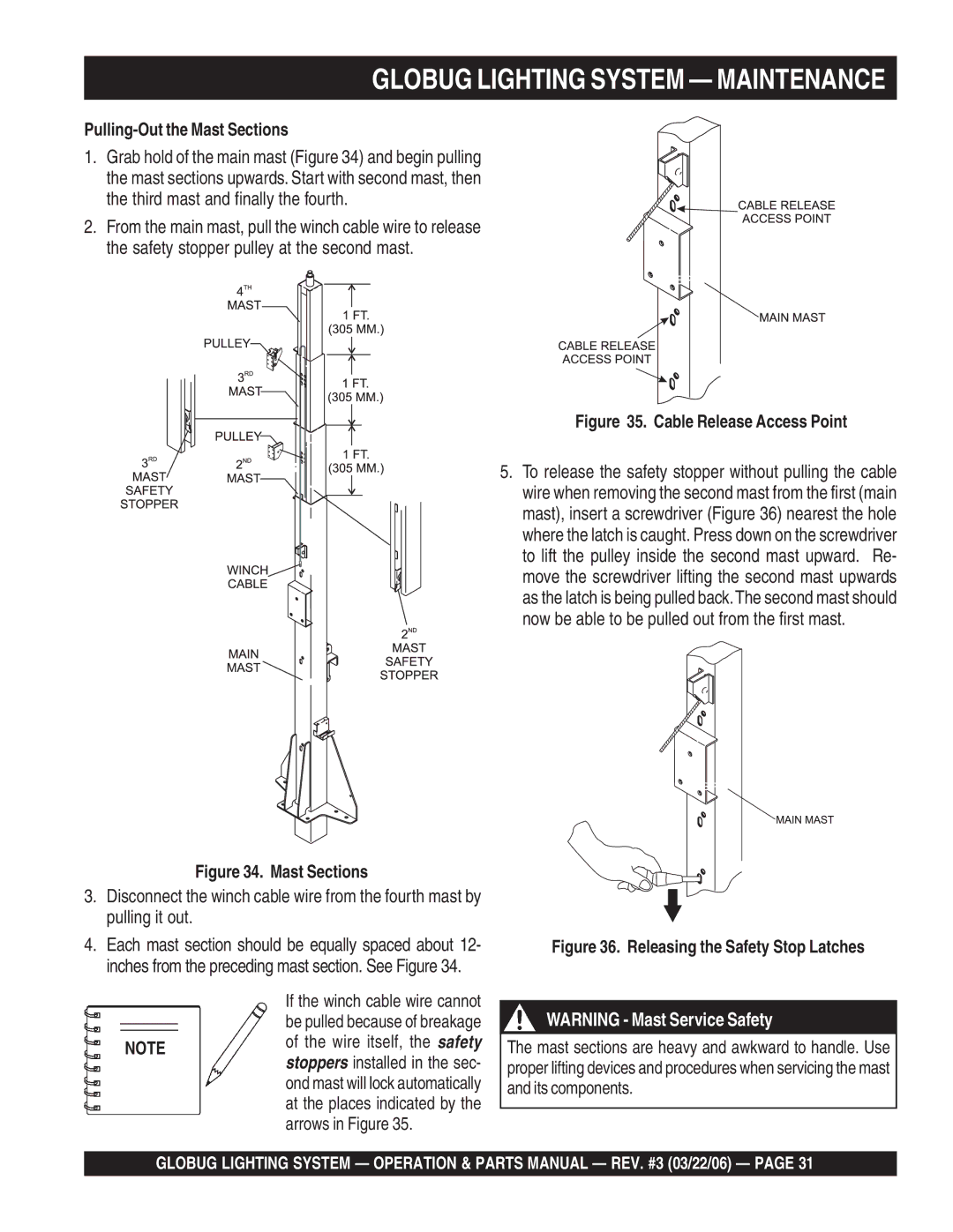 Multiquip GB114BC manual Pulling-Out the Mast Sections, Cable Release Access Point 