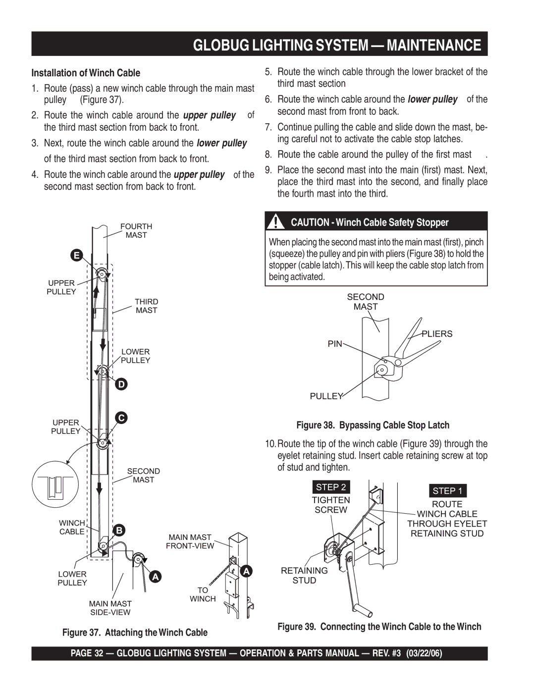 Multiquip GB114BC manual Installation of Winch Cable, Bypassing Cable Stop Latch 