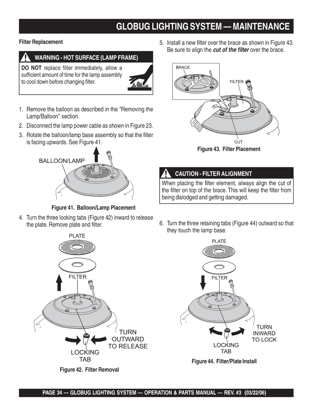 Multiquip GB114BC manual Filter Replacement, Balloon/Lamp Placement 