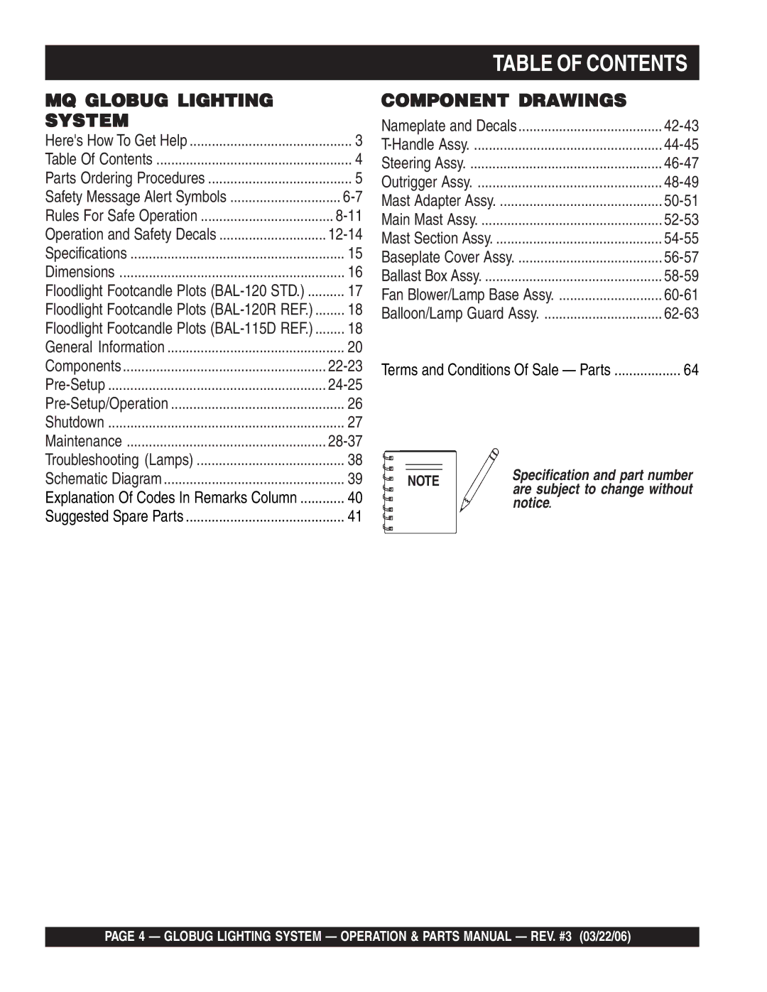 Multiquip GB114BC manual Table of Contents 