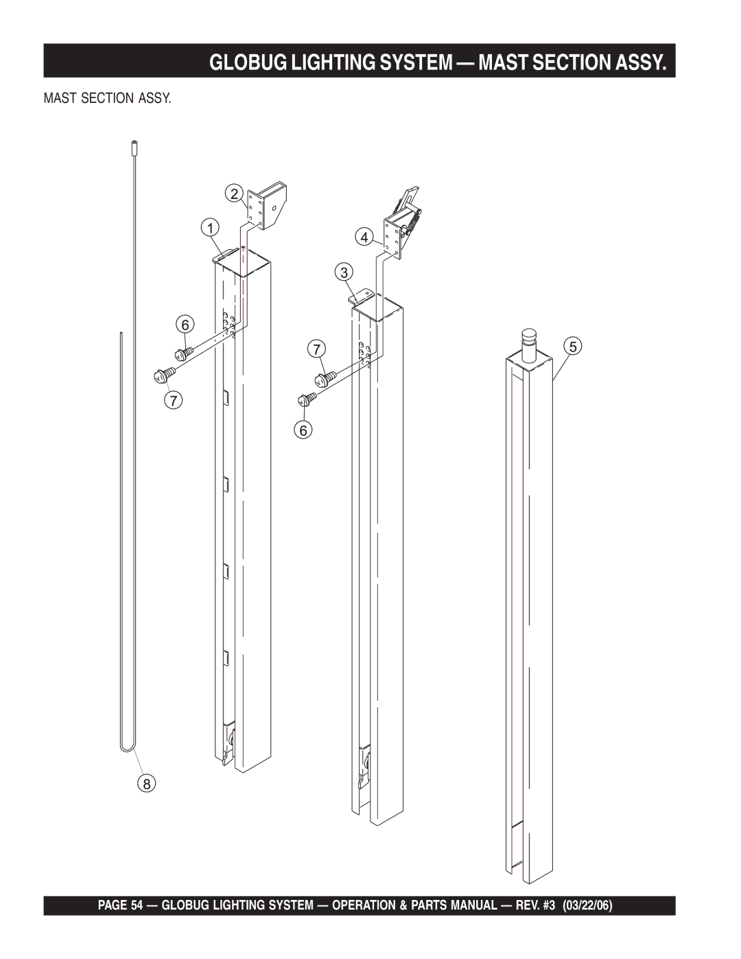 Multiquip GB114BC manual Globug Lighting System Mast Section Assy 