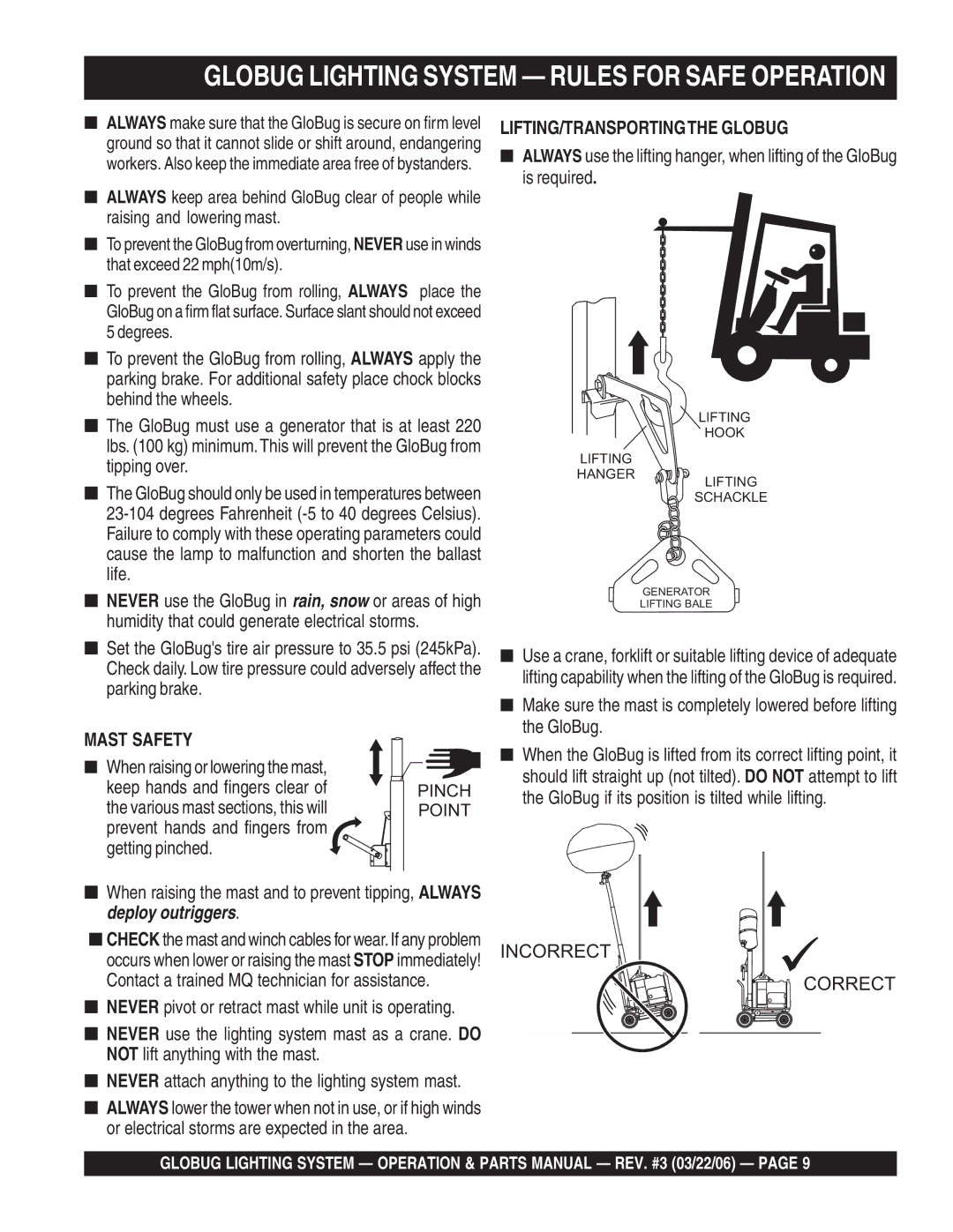 Multiquip GB114BC manual Globug Lighting System Rules for Safe Operation, Mast Safety 