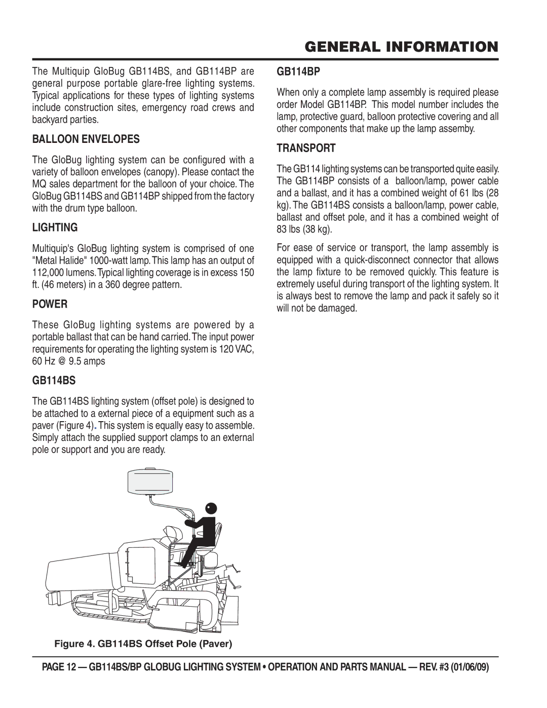 Multiquip GB114BS/BP manual General Information 