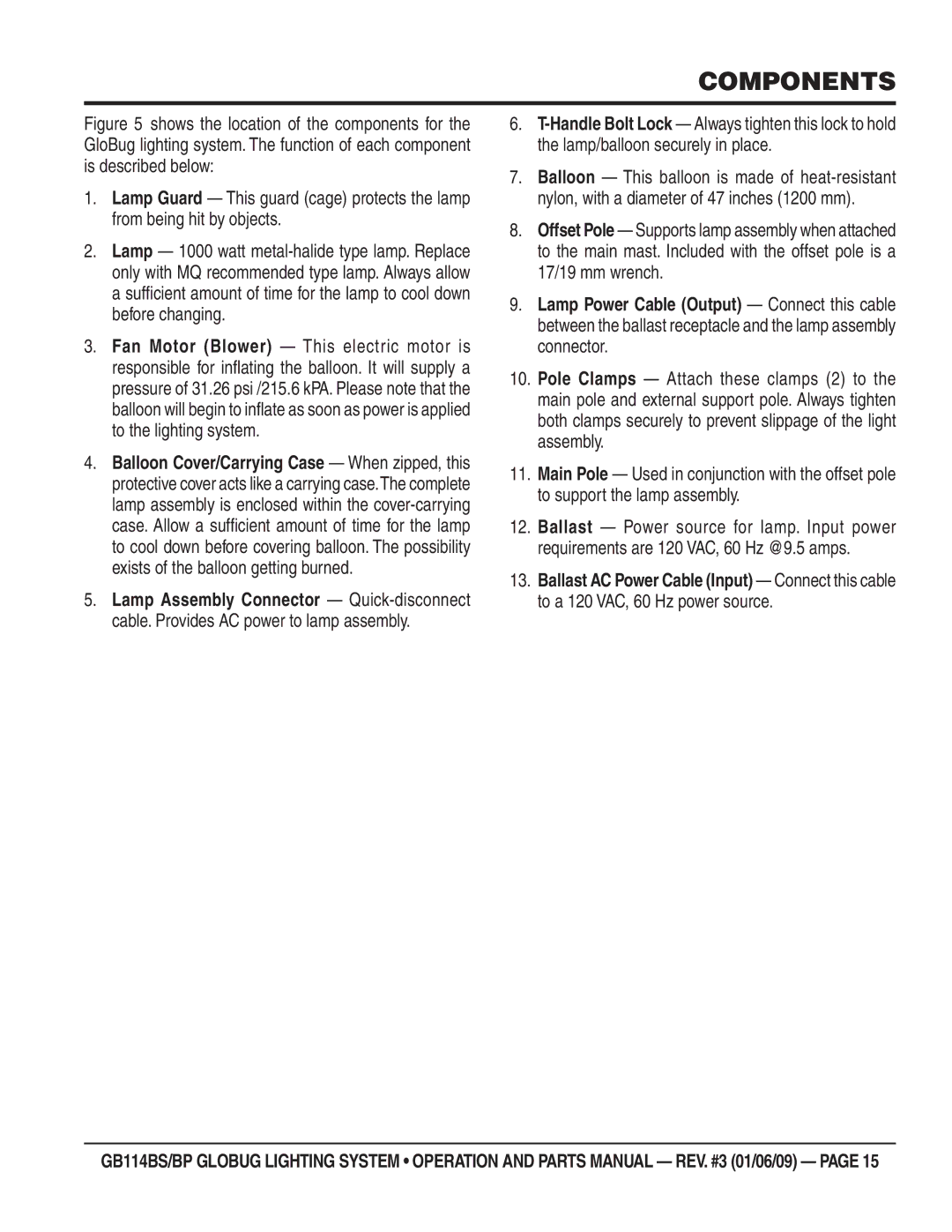 Multiquip GB114BS/BP manual Components 