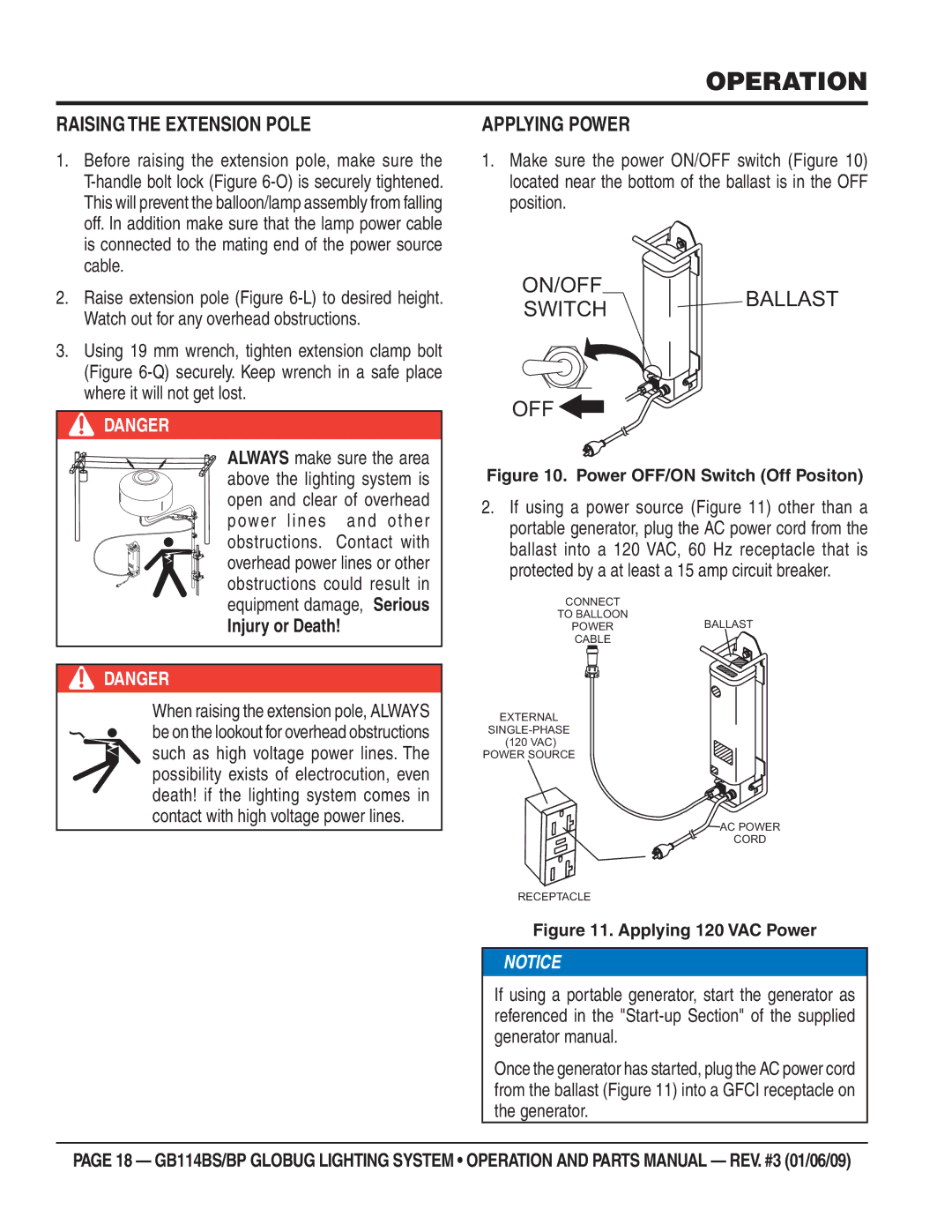 Multiquip GB114BS/BP manual Operation, Raising the Extension Pole, Applying Power 