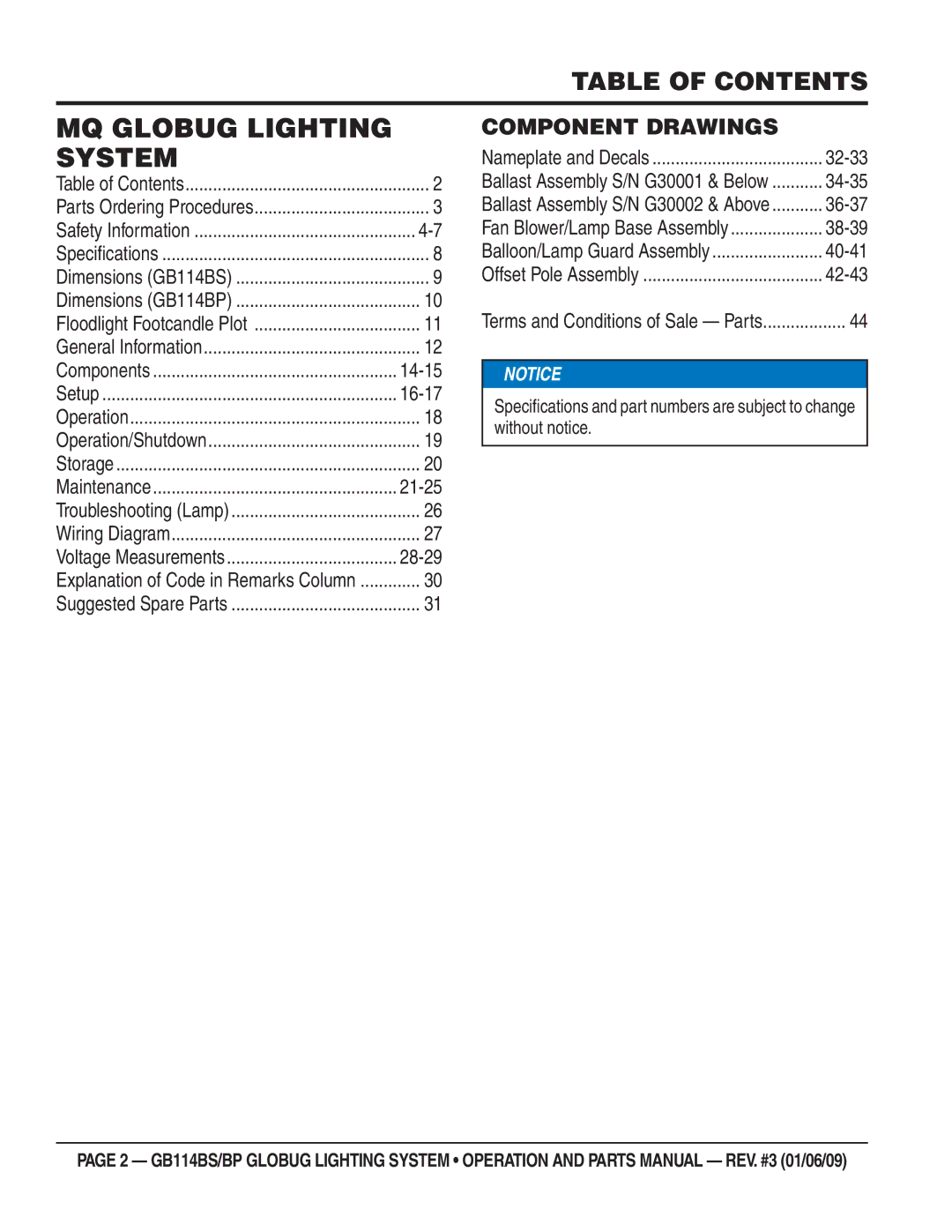 Multiquip GB114BS/BP manual MQ Globug Lighting System, Table of Contents 