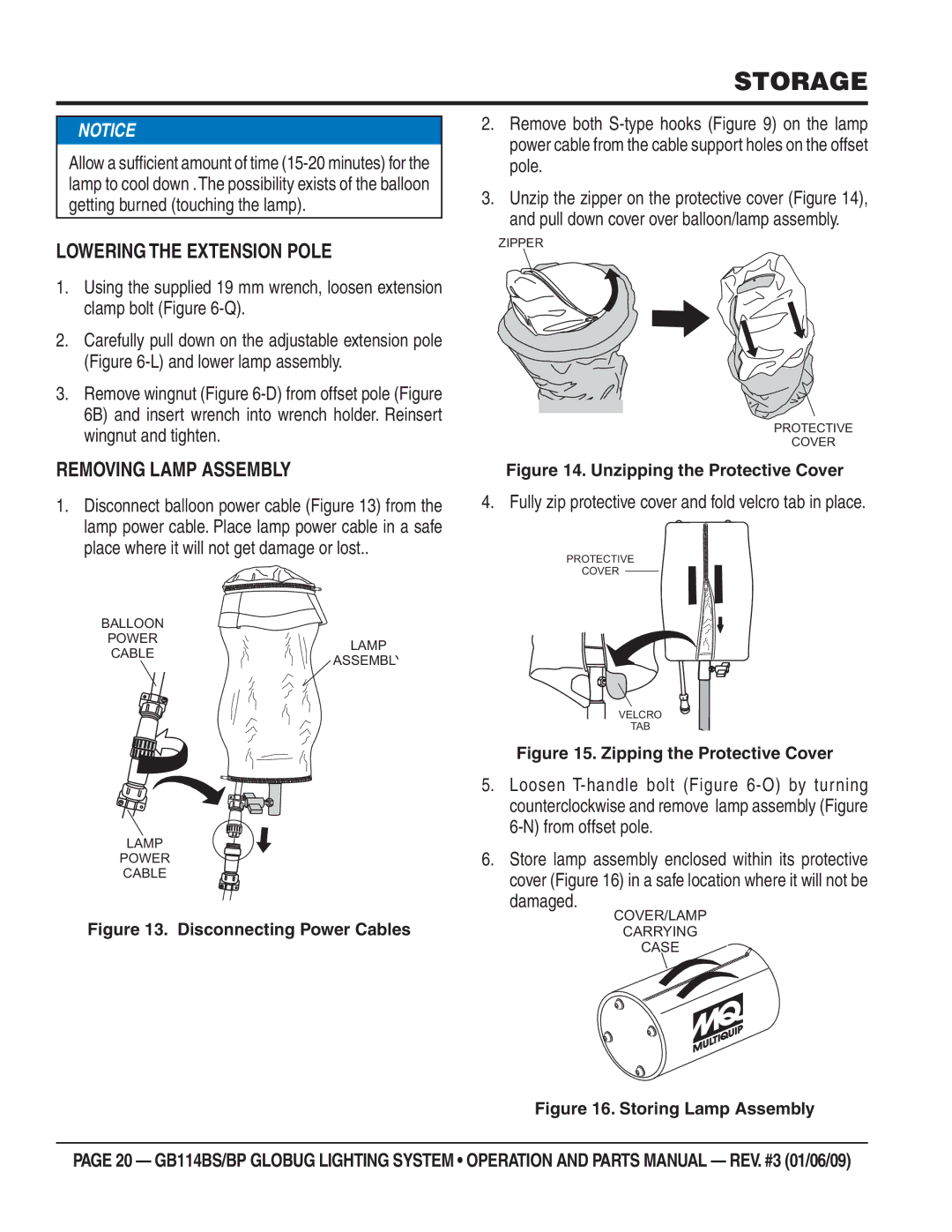 Multiquip GB114BS/BP manual Storage, Lowering the Extension Pole, Removing Lamp Assembly, Damaged 