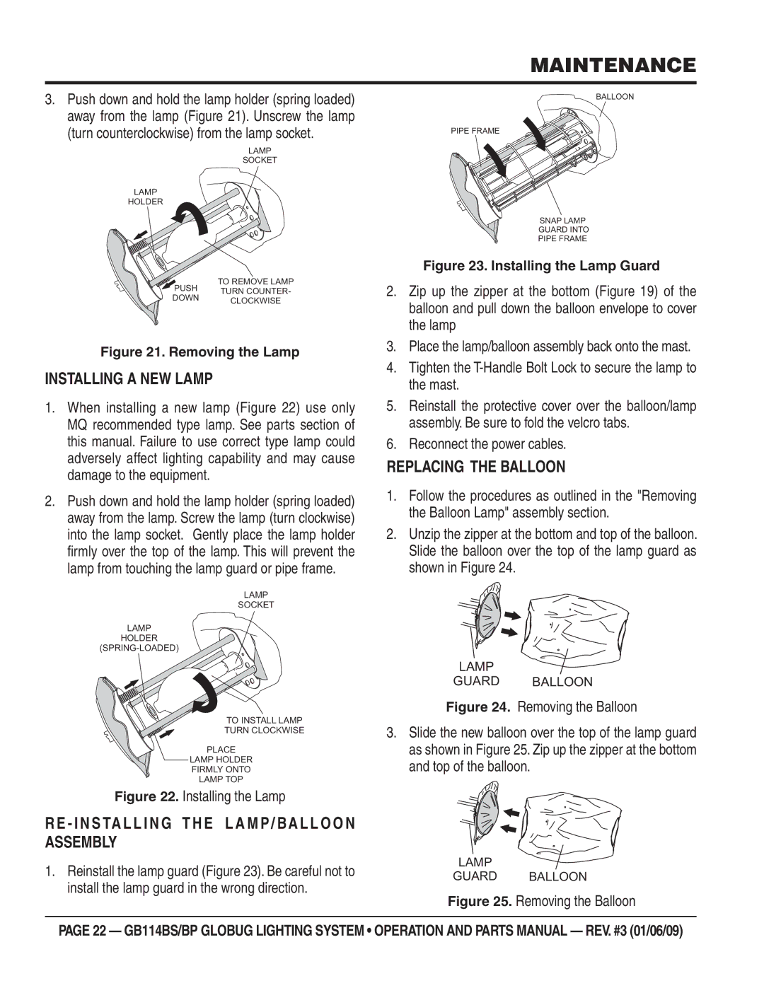 Multiquip GB114BS/BP manual Installing a NEW Lamp, I N S TA L L I N G T H E L a M P / BA L L O O N Assembly 