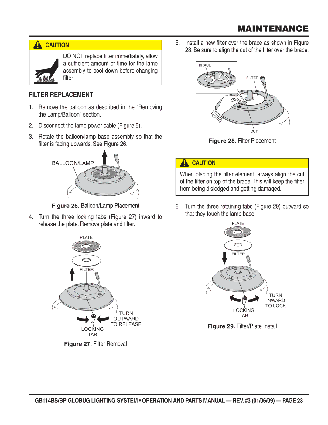 Multiquip GB114BS/BP manual Filter Replacement, Balloon/Lamp Placement 