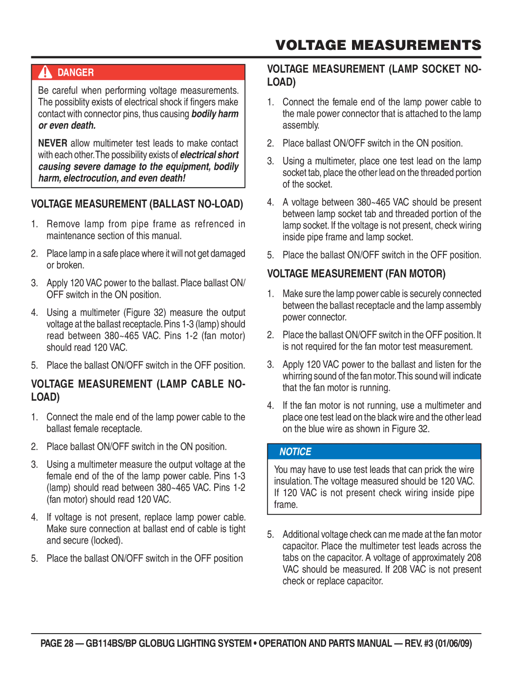 Multiquip GB114BS/BP manual Voltage Measurements, Voltage Measurement Lamp Cable NO- Load, Voltage Measurement FAN Motor 