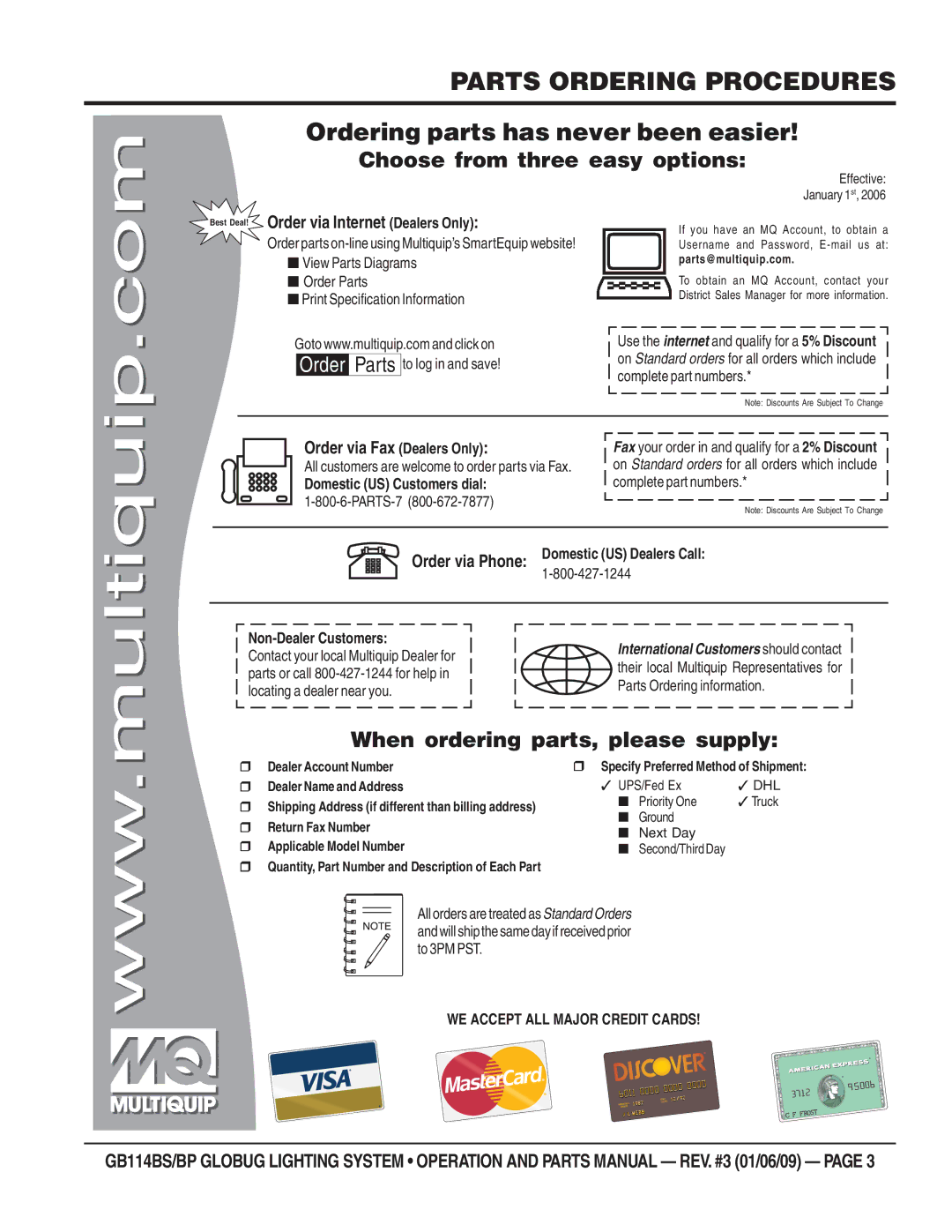 Multiquip GB114BS/BP manual Parts Ordering Procedures, Ordering parts has never been easier 