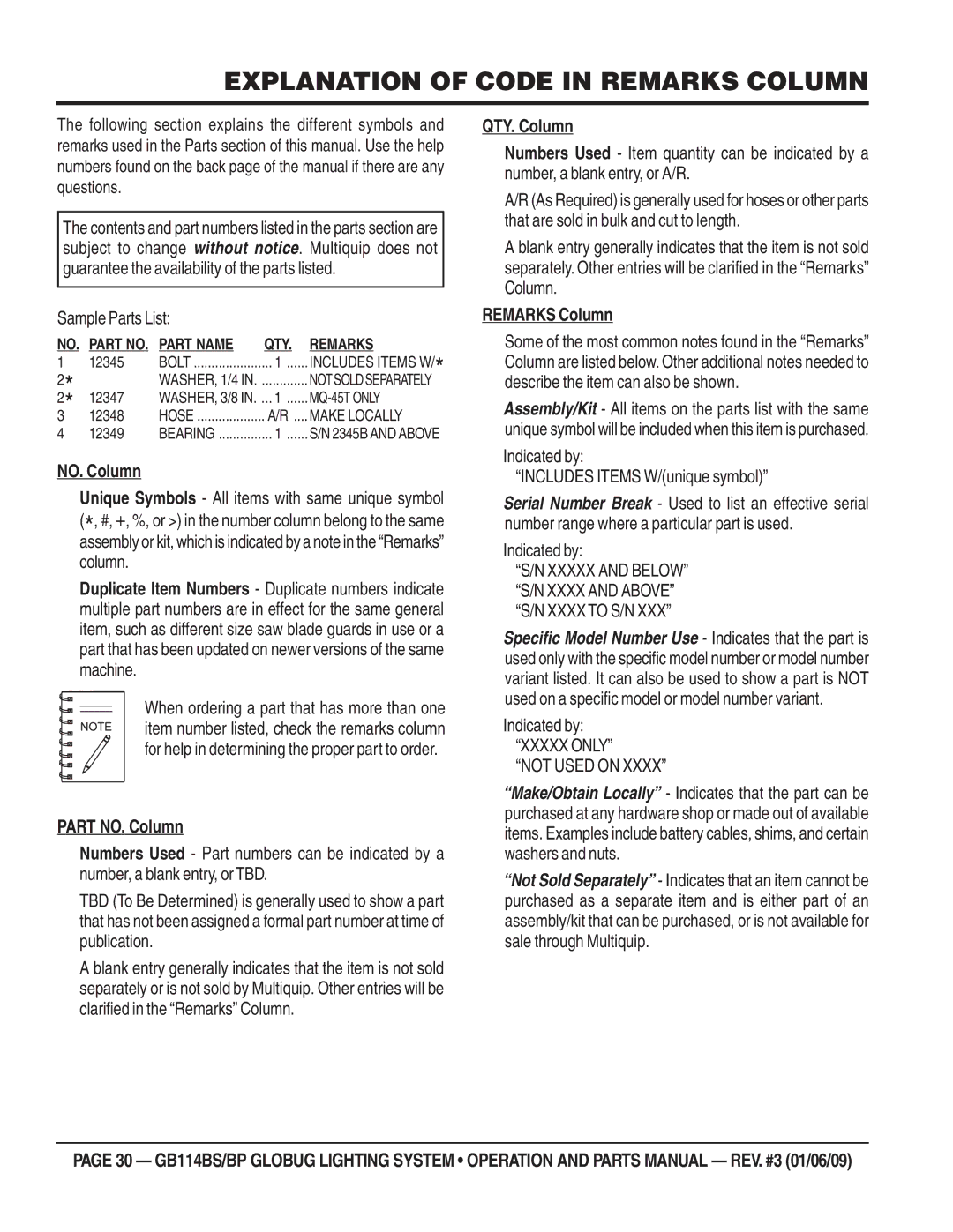 Multiquip GB114BS/BP manual Explanation of Code in Remarks Column, Sample Parts List 