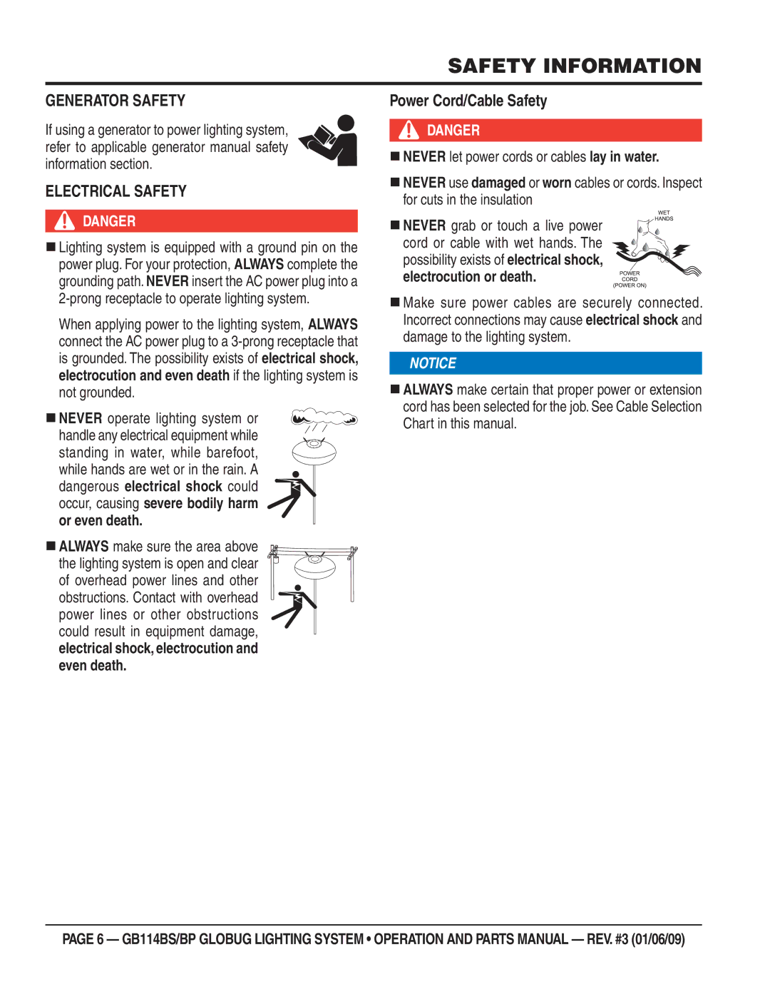 Multiquip GB114BS/BP manual Generator Safety, Electrical Safety,  Always make sure the area above 