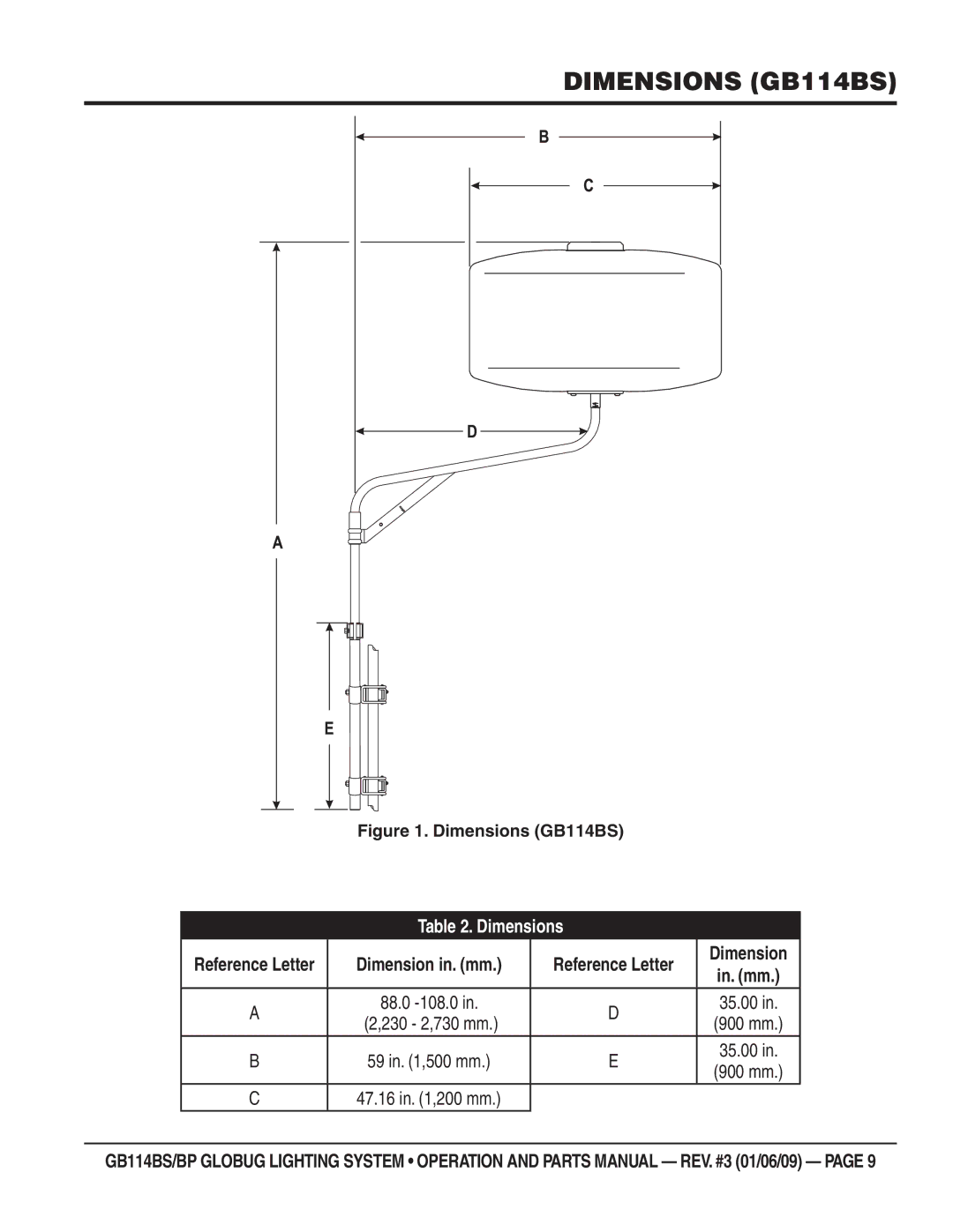 Multiquip GB114BS/BP manual Dimensions GB114BS 