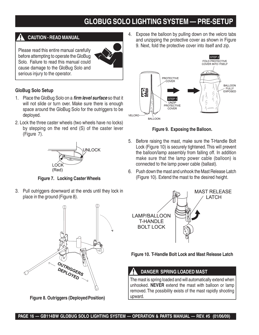 Multiquip GB114BW manual Globug Solo Lighting System PRE-SETUP 