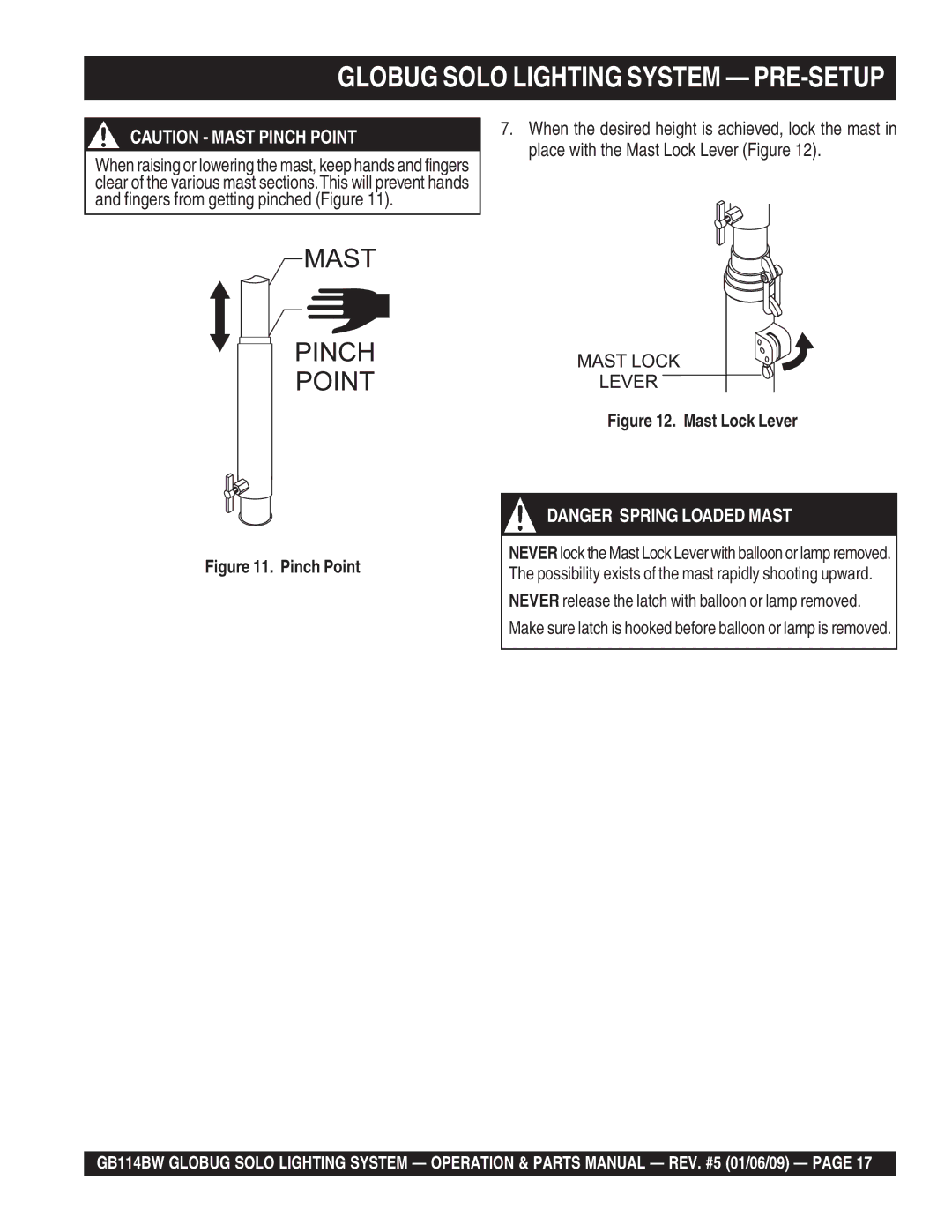 Multiquip GB114BW manual Globug Solo Lighting System PRE-SETUP, Mast Lock Lever 