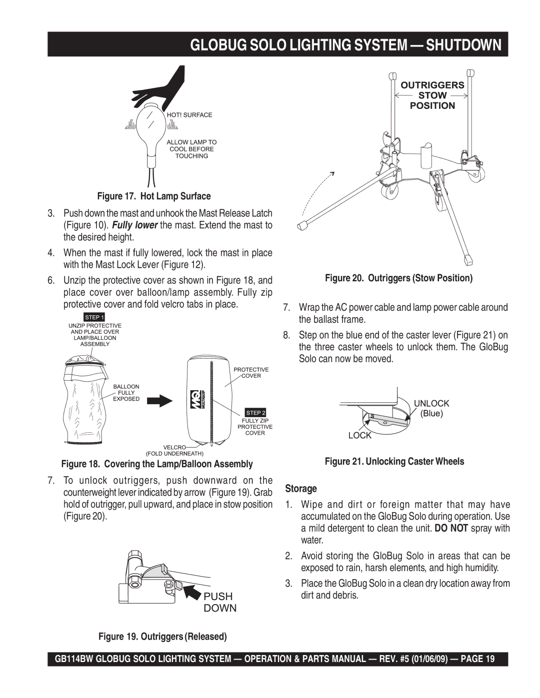 Multiquip GB114BW manual Globug Solo Lighting System Shutdown, Hot Lamp Surface 