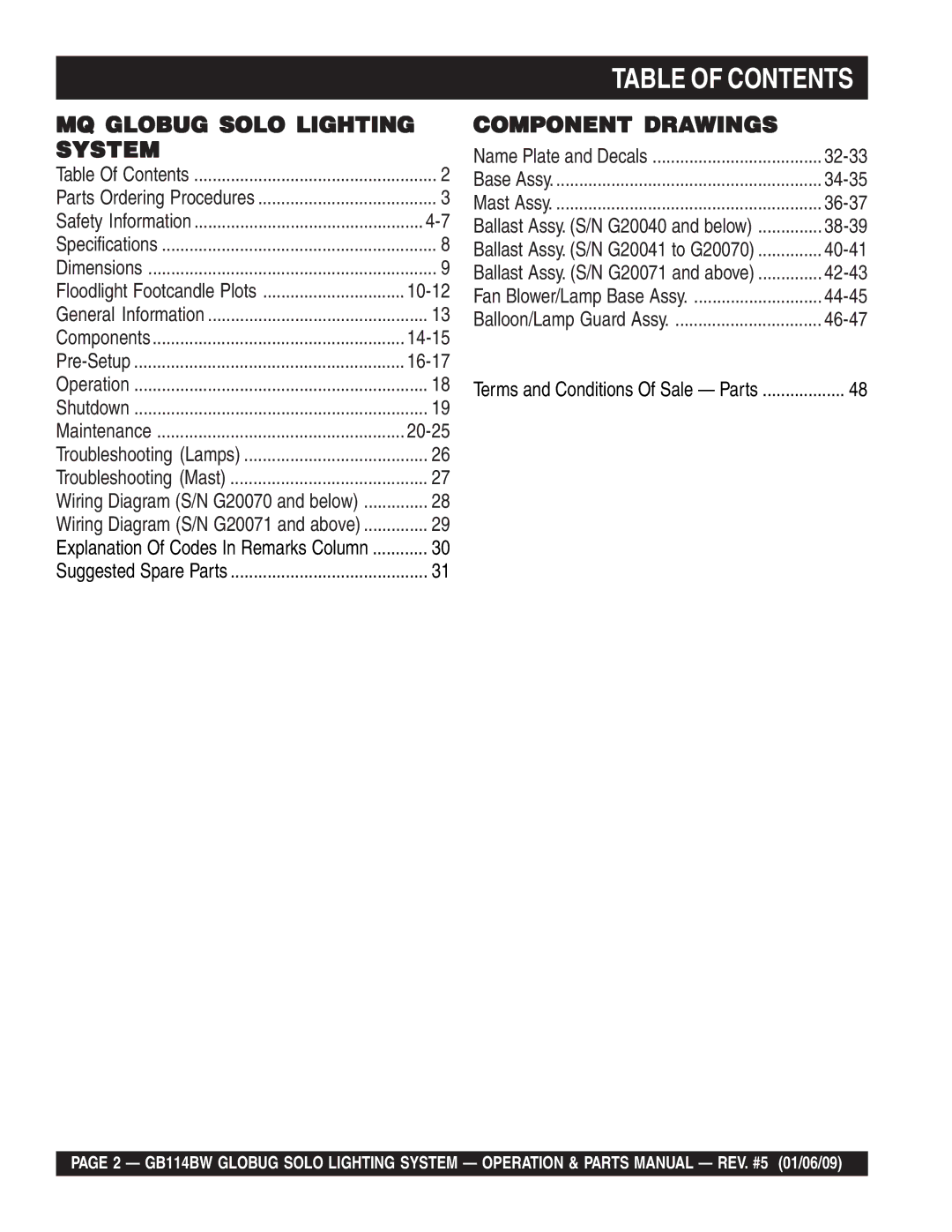 Multiquip GB114BW manual Table of Contents 