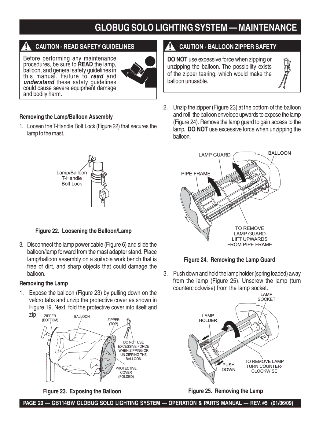 Multiquip GB114BW manual Zip, Removing the Lamp/Balloon Assembly 