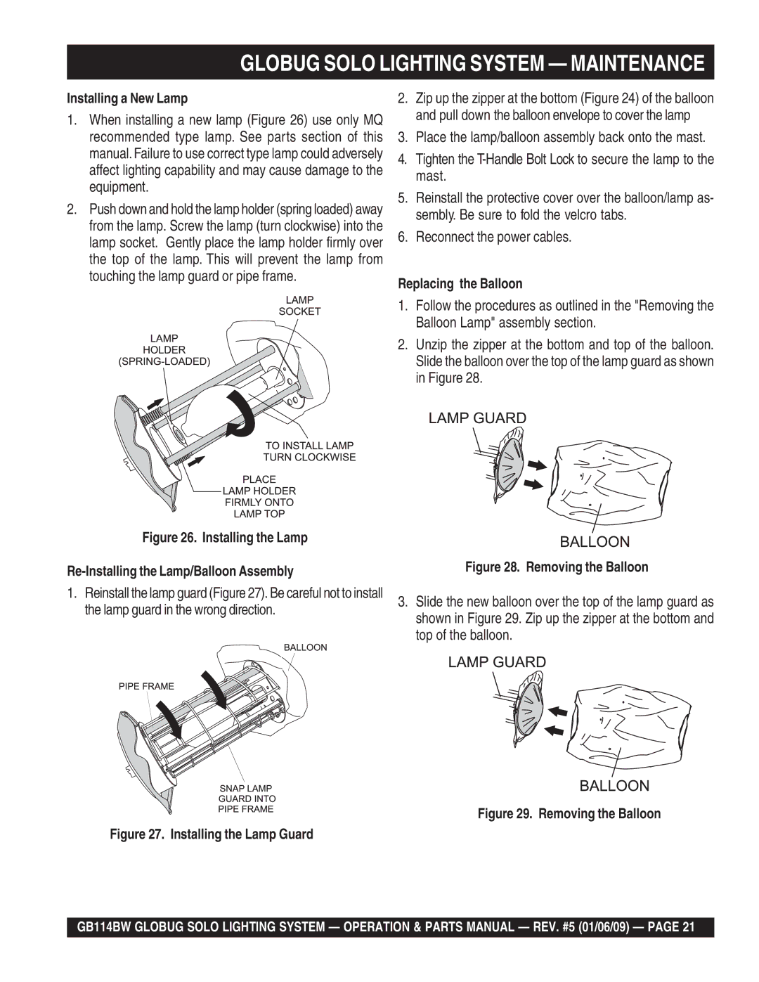 Multiquip GB114BW manual Globug Solo Lighting System Maintenance, Reconnect the power cables, Installing a New Lamp 