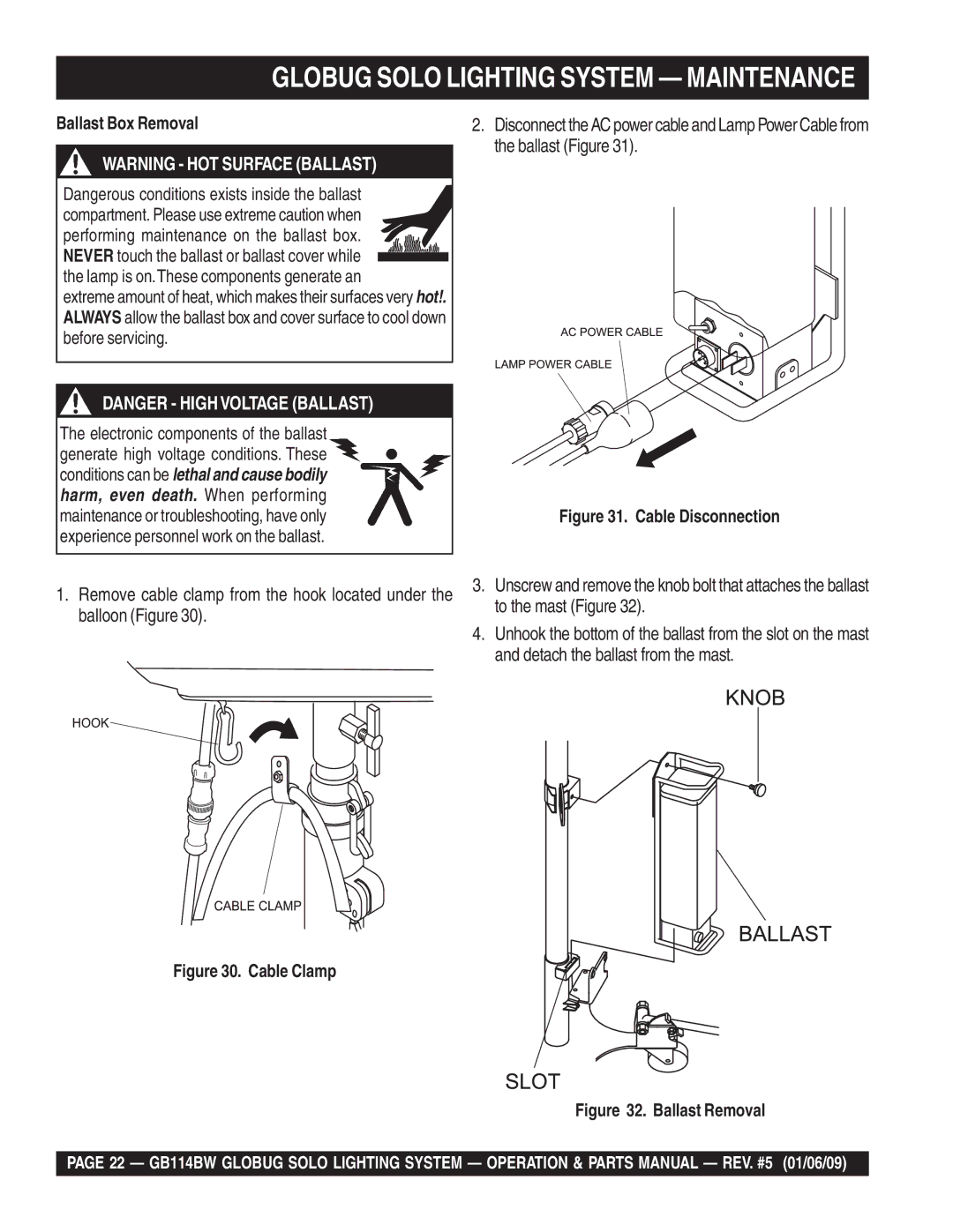 Multiquip GB114BW manual Ballast Box Removal, Cable Disconnection 