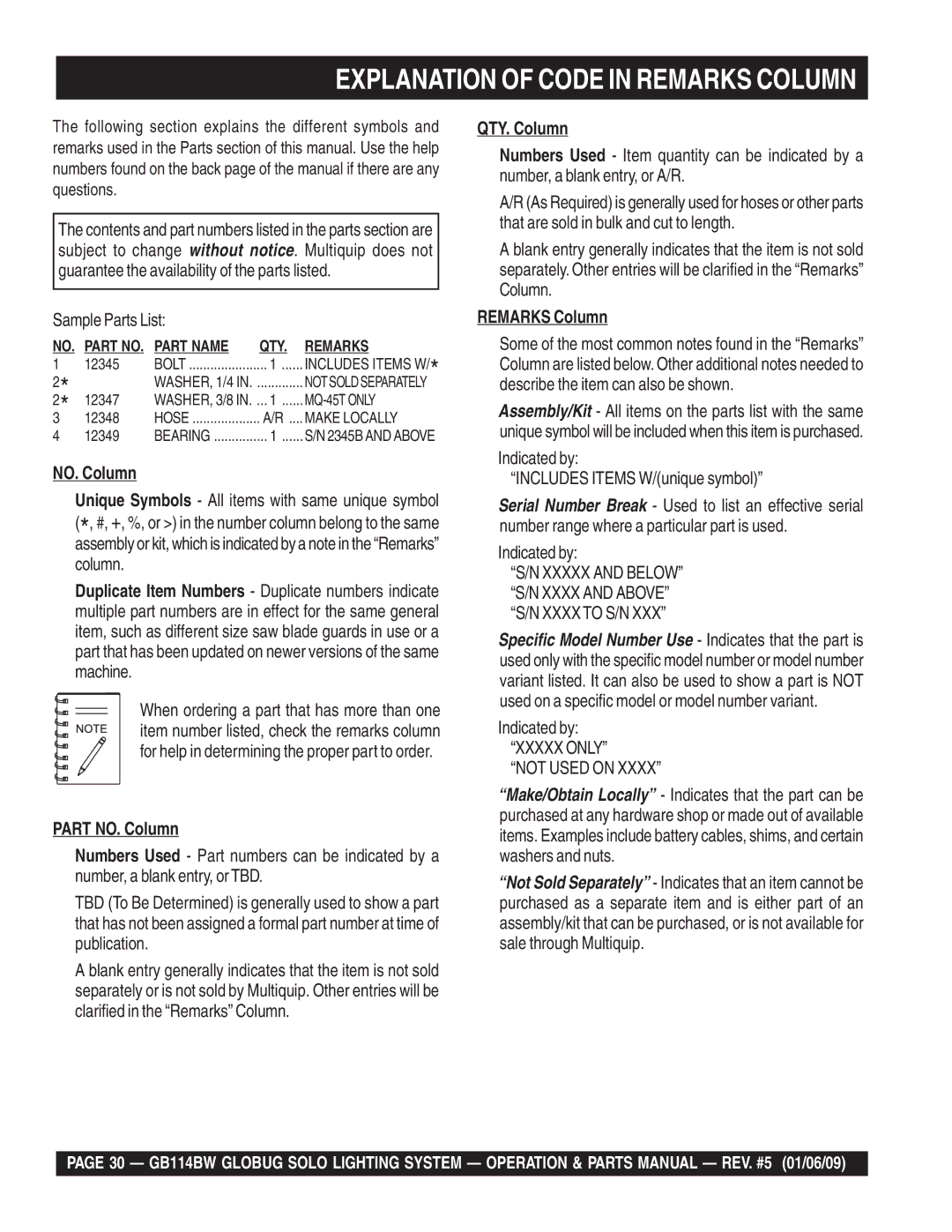 Multiquip GB114BW manual Part NO. Column, QTY. Column, Remarks Column 