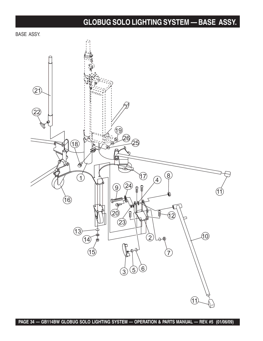 Multiquip GB114BW manual Globug Solo Lighting System Base Assy 