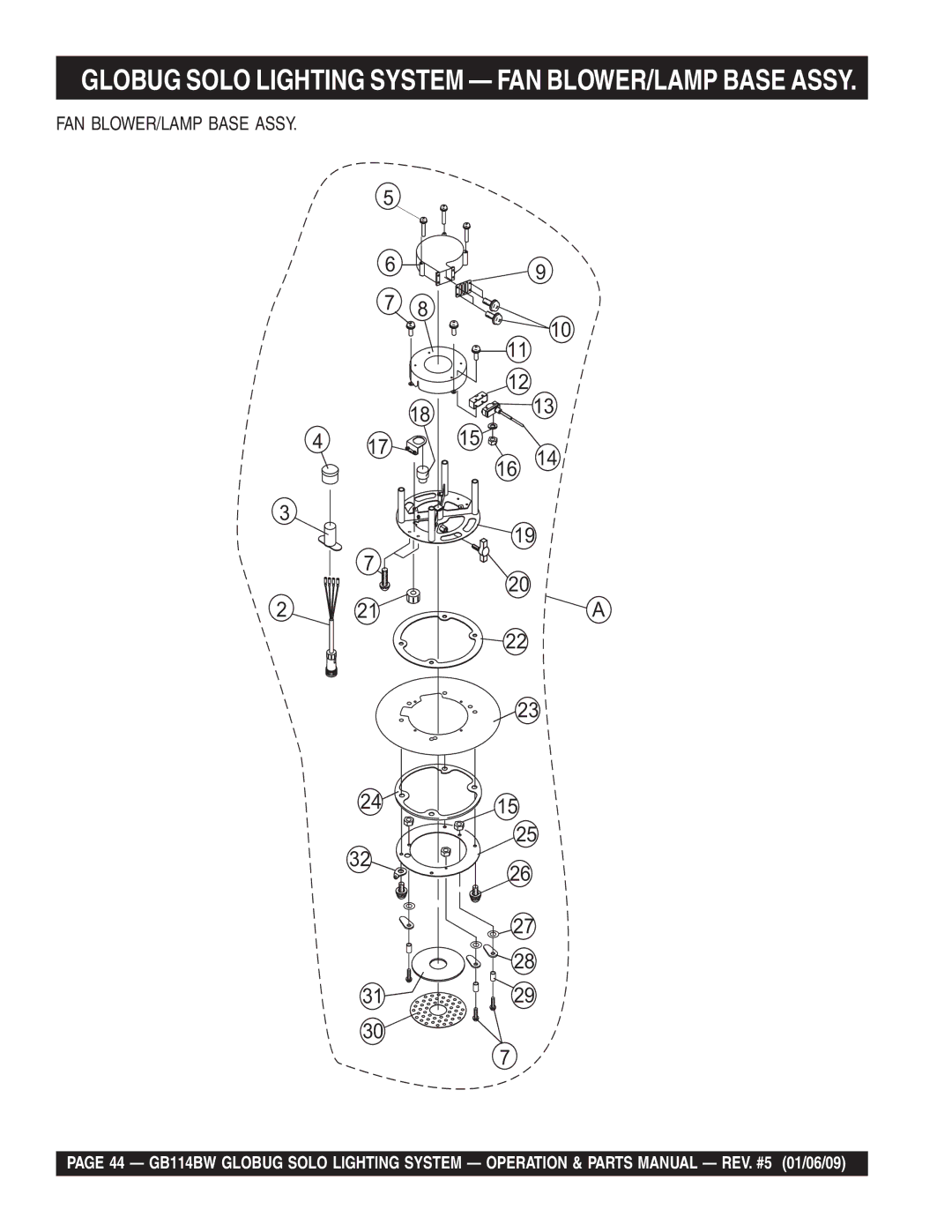 Multiquip GB114BW manual Globug Solo Lighting System FAN BLOWER/LAMP Base Assy 