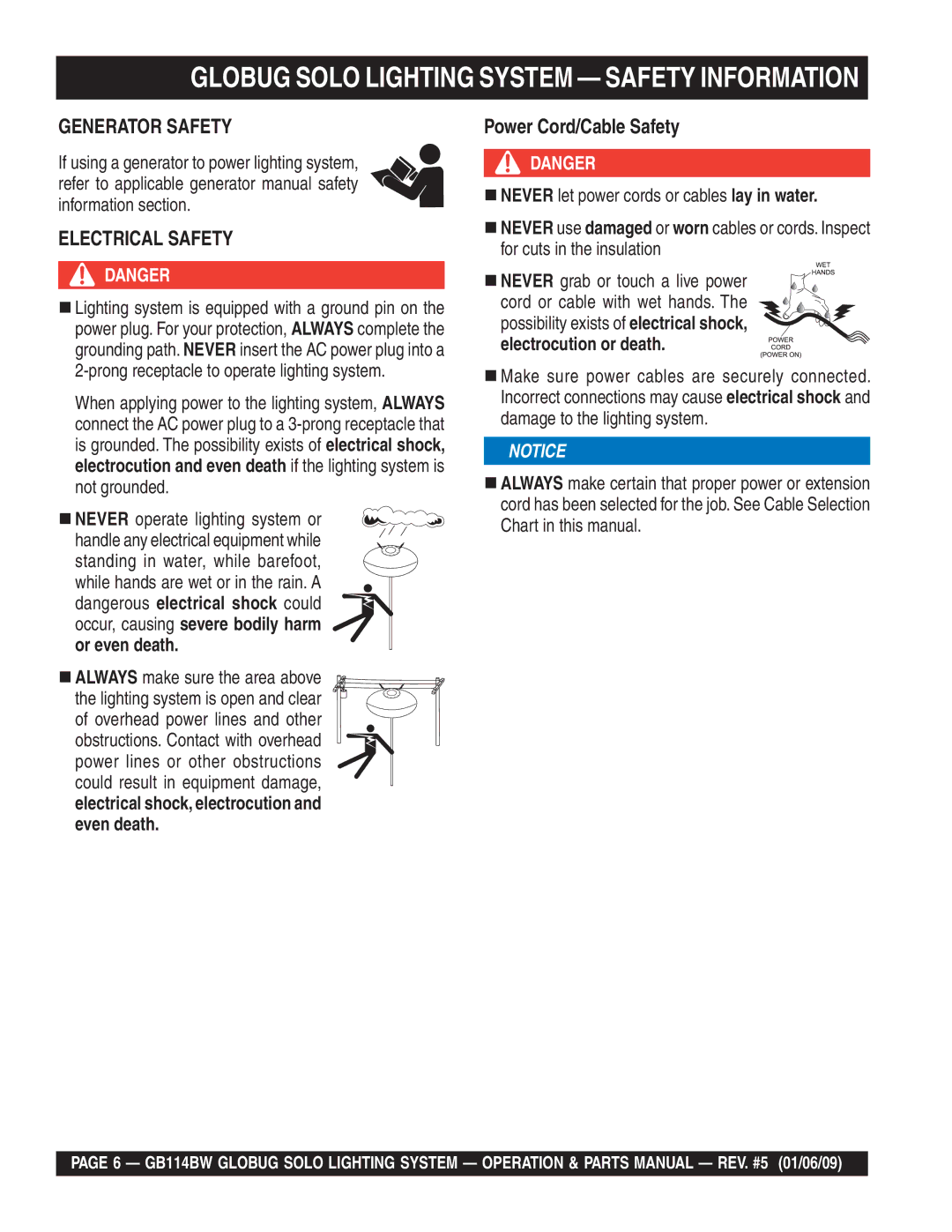 Multiquip GB114BW manual Globug Solo Lighting System Safety Information, „ Always make sure the area above 