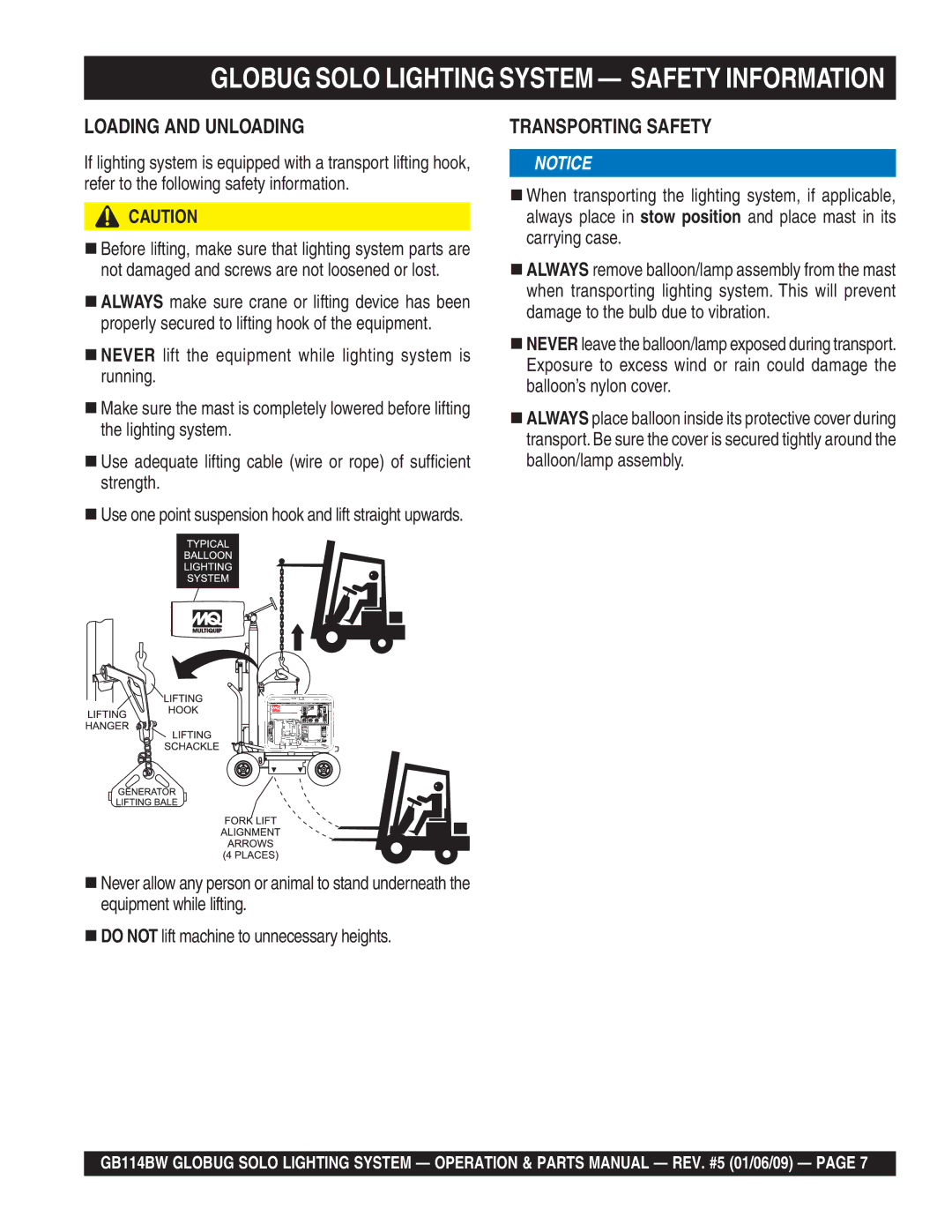 Multiquip GB114BW manual Globug Solo Lighting System Safety Information, Loading and Unloading 