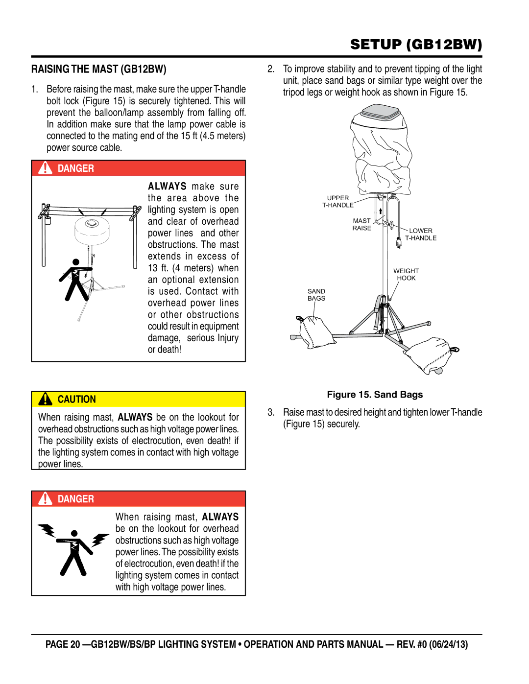 Multiquip GB12BS, GB12BP manual Raising the Mast GB12BW, Sand Bags 