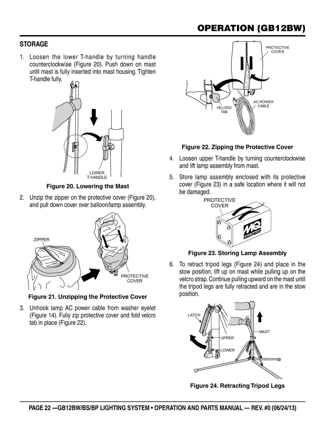 Multiquip GB12BP, GB12BW, GB12BS manual Storage, Lowering the Mast 